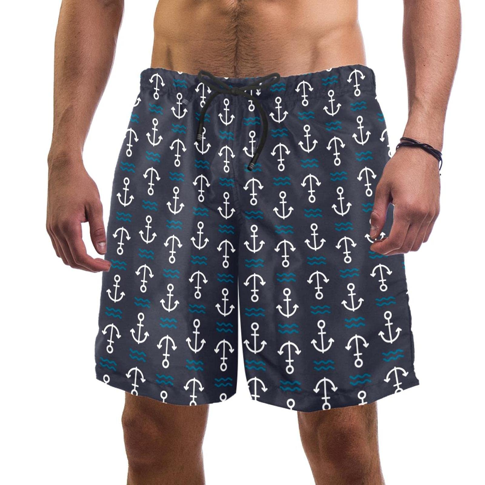 **Men's Quick Dry Swim Trunks with Pockets - Anchor Print Beach Shorts for Swimming, Surfing & Summer Vacation**