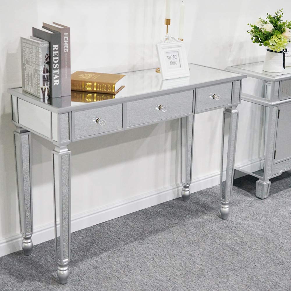 Mirrored Console Table with 3 Drawers - Silver Sofa Side Table for Living Room & Bedroom