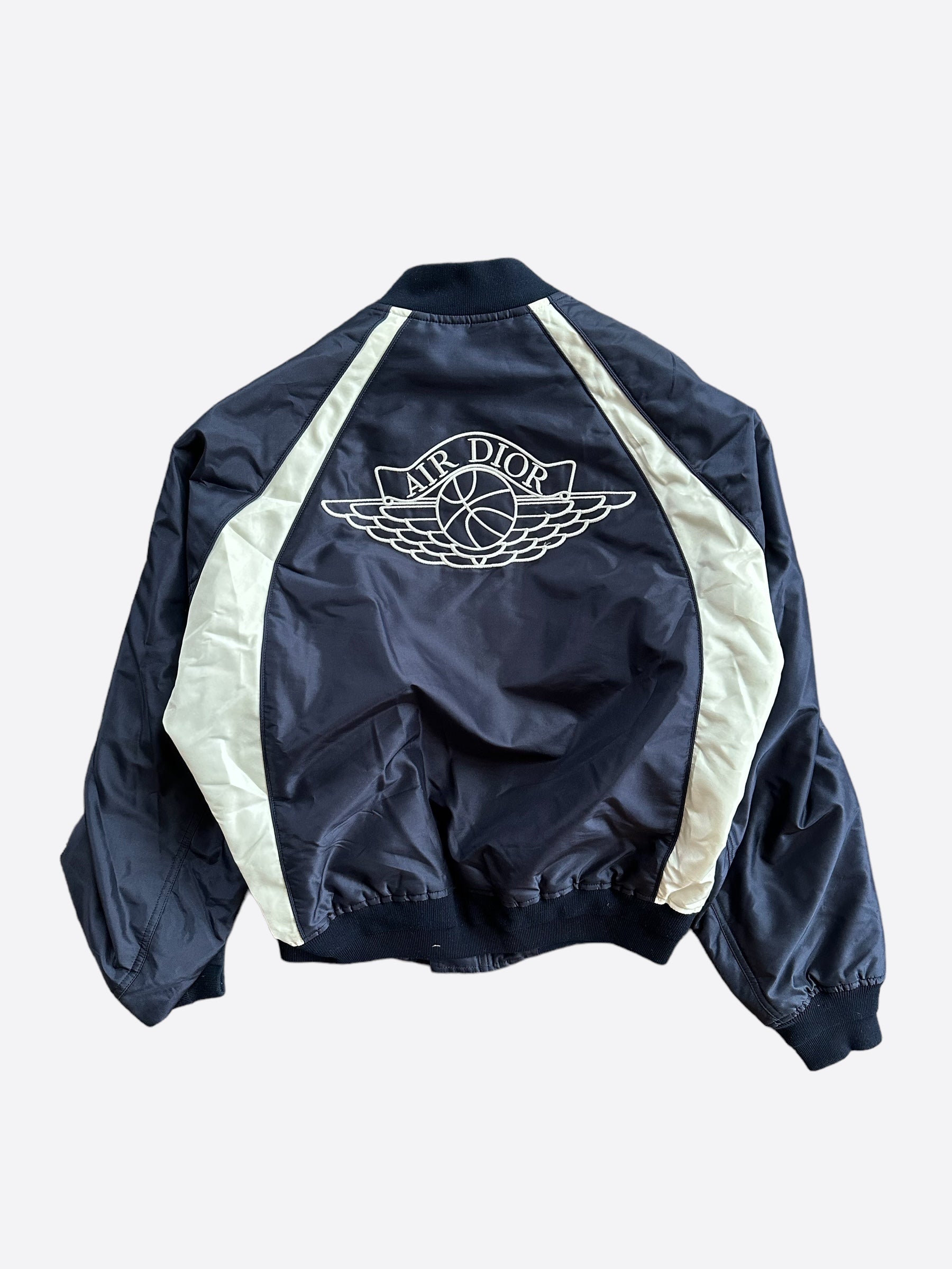 Dior Air Jordan Navy & White Embroidered Silk Bomber Jacket for Men - Luxury Streetwear Fashion for Casual Outfits & Night Out