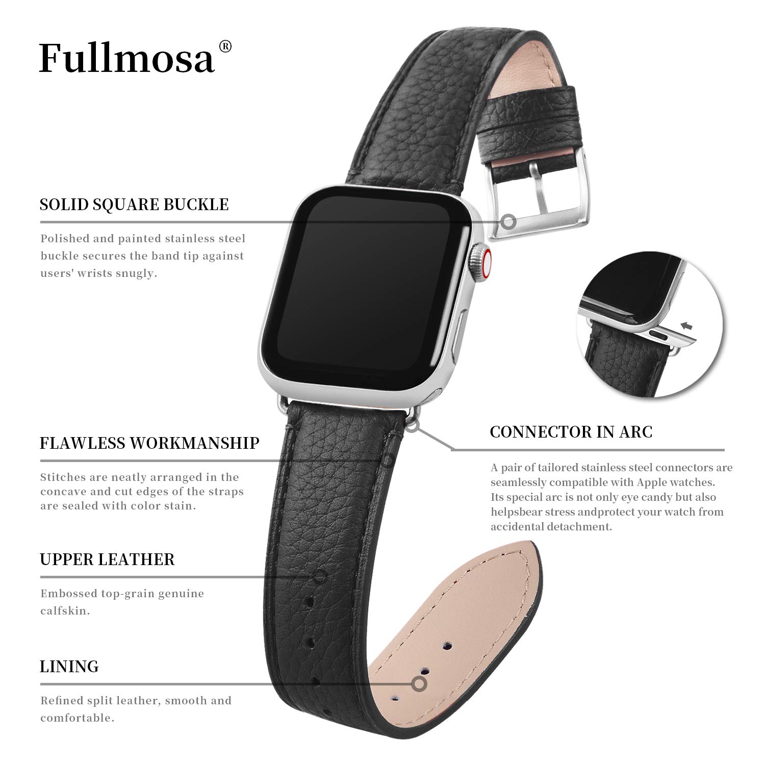 Fullmosa Genuine Leather Apple Watch Bands for 38mm 40mm 41mm 42mm 44mm 45mm 49mm - Compatible with iWatch Series 9/8/7/6/5/4/3/2/1/SE/Ultra - Elegant Dressy Strap with Protective Case - Perfect for Women's Work, Gym & Daily Wear