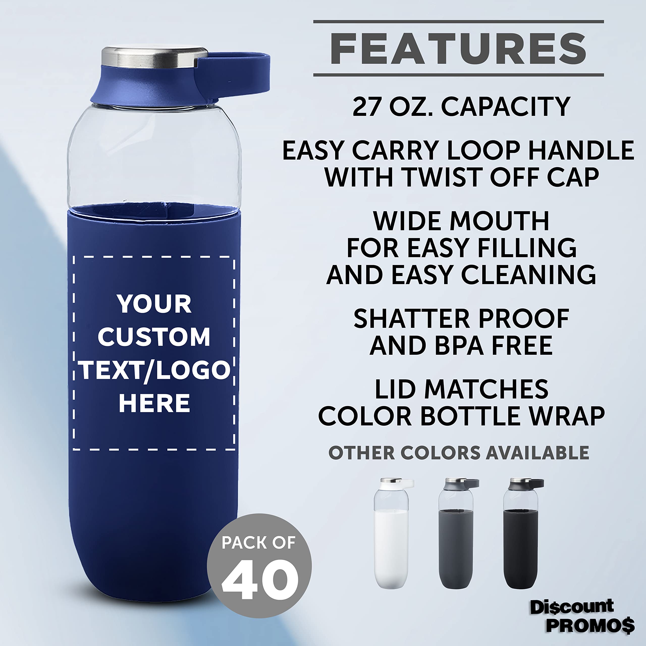Custom 27oz Plastic Water Bottles with Handle - Bulk Pack of 40 Reusable Sports Bottles for Gym, Hiking & Cycling - Personalized Navy Blue Water Bottles for Schools, Events & Team Promotions