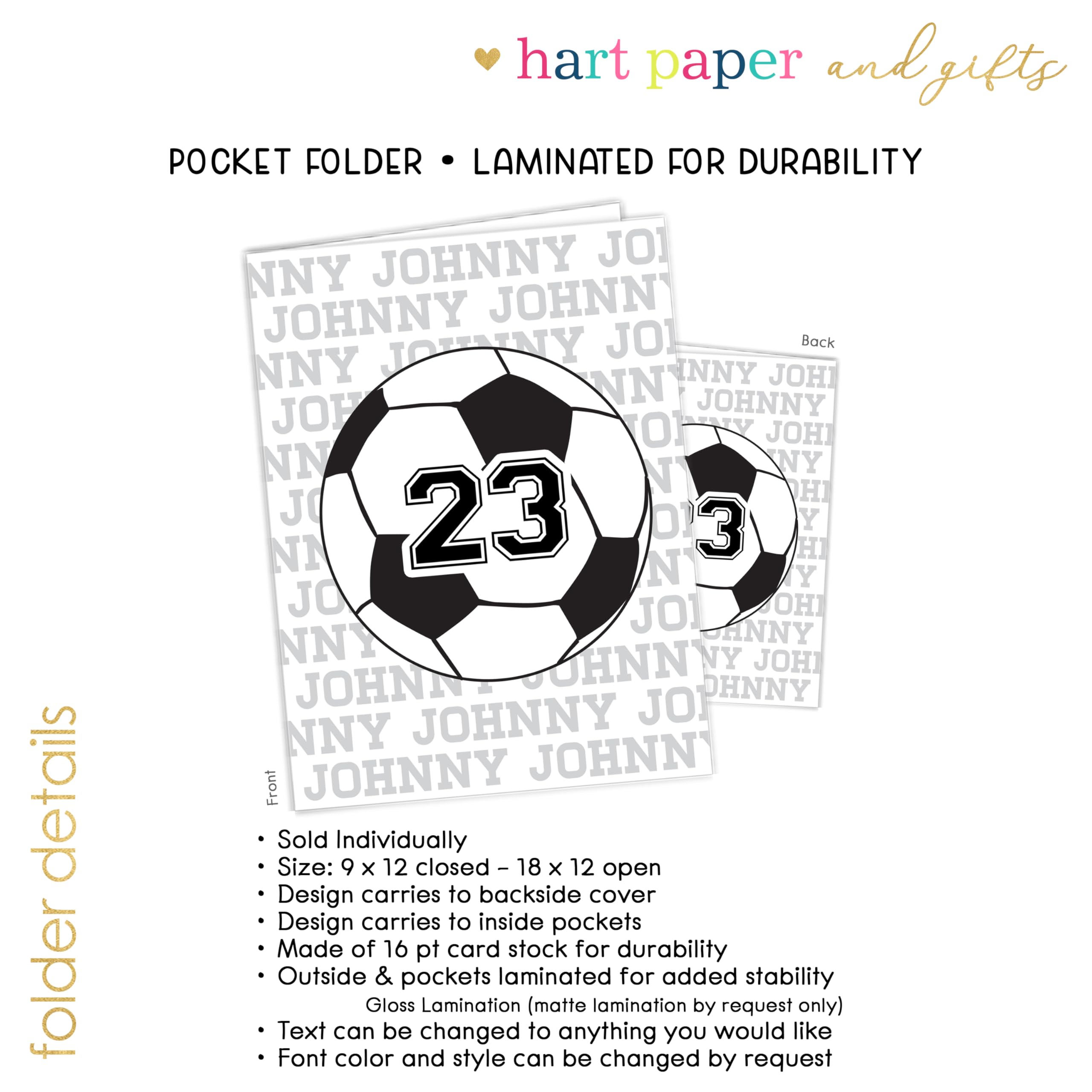 Custom Personalized Soccer Ball Sports Pocket Folder - Back to School Supplies for Kids, Teacher Office Gift, Birthday Present for Girls - Perfect for School Organization, Sports Enthusiasts & Gift Giving