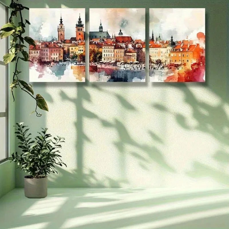 3-Piece Watercolor Painting Metal Print of Warsaw, Poland - Ready to Hang Wall Art Decor for Living Room, Bedroom & Office
