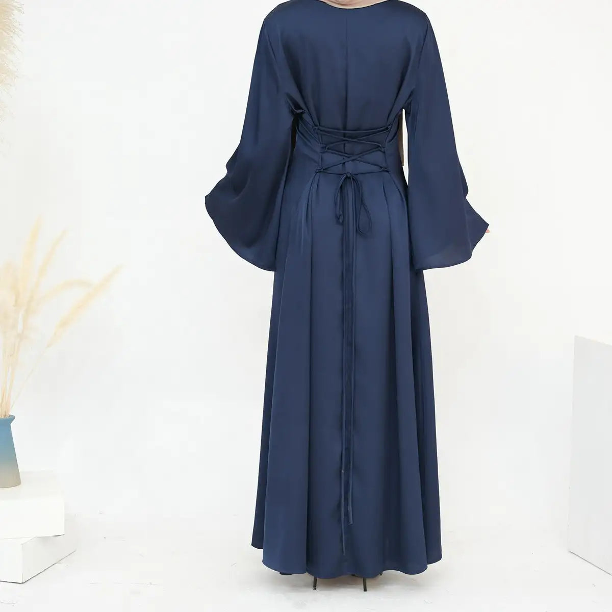 Elegant Adjustable Belt Satin Abaya Dress for Women - Modest Islamic Prayer Dress for Eid, Wedding & Special Occasions