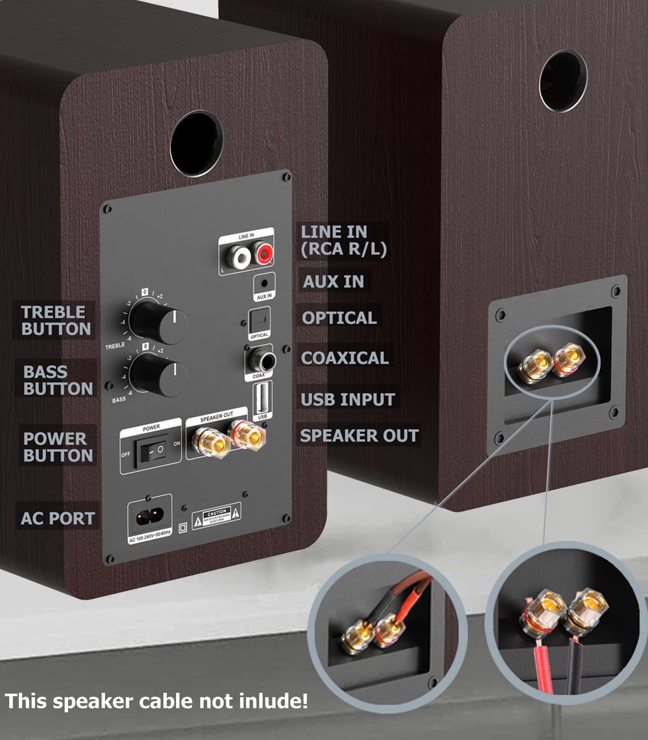 LONPOO 100W Active Bookshelf Speakers with Bluetooth, 4'' Woofer - Optical/Coaxial/RCA/USB/AUX Input for PC, TV, Turntable - LP42M Brown - Perfect for Home Office, Gaming & Music Listening