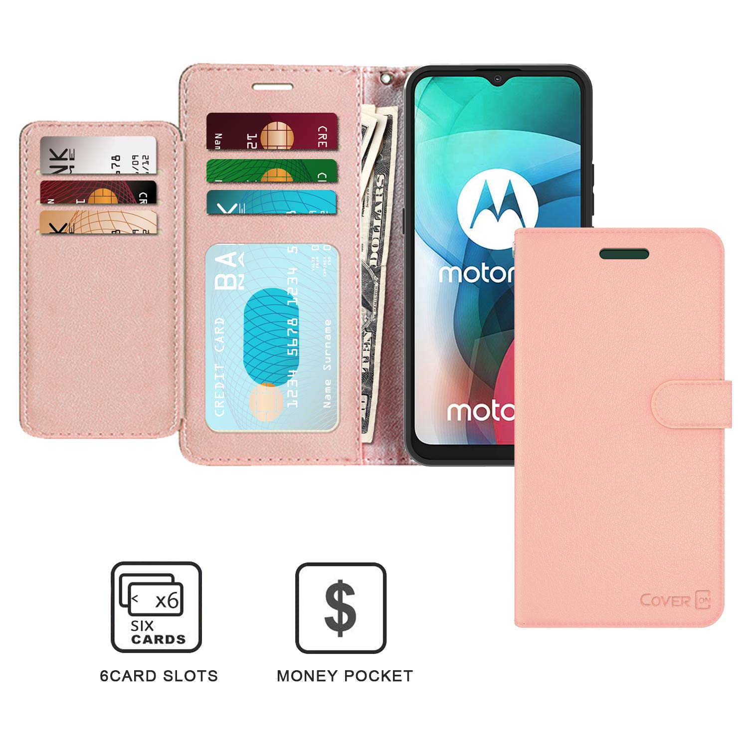 Premium Leather Wallet Case for Motorola Moto E7 - RFID Blocking Flip Folio with Stand | Rose Gold | Perfect for Business, Travel & Daily Protection