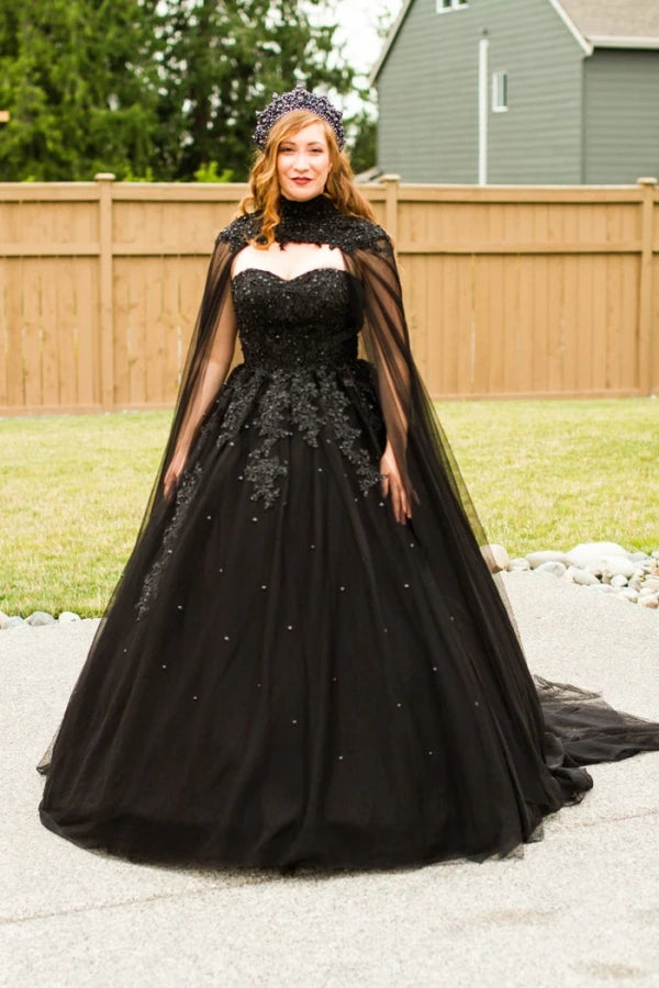 Elegant A-Line Crystals Tulle Sweetheart Long Black Wedding Dress TD0005 - Perfect for Bridal, Evening Gala, and Formal Occasions