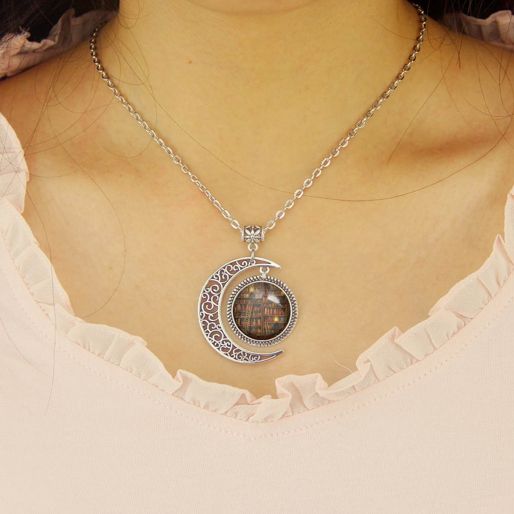Vintage Moon and Books Pendant Necklace for Women - Book Lover Jewelry Gift - Perfect for Reading, Library Visits and Literary Events