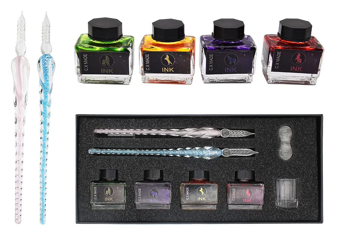 XIAOYU Handmade Glass Dip Pen Ink Set - 8 Piece Calligraphy Writing Kit with 4 Colors Ink, 2 Glass Pens, Pen Holder & Cleaning Cup - Perfect for Signature, Drawing, Lettering & Artistic Writing (Style 1)
