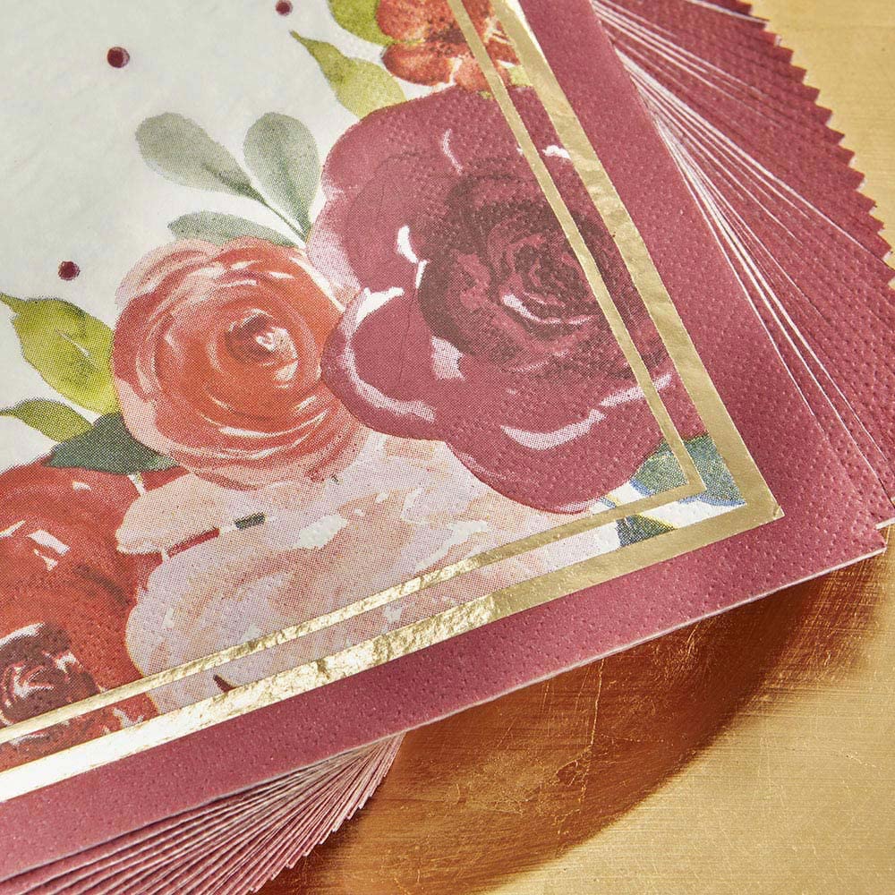 Kate Aspen 120-Count Burgundy Blush Floral Paper Napkins - 6.5 Inch 2-Ply Disposable Party Napkins for Weddings, Birthdays, Baby Showers & Anniversary Celebrations - Elegant Tableware for Dinner Parties, Bridal Showers & Special Events