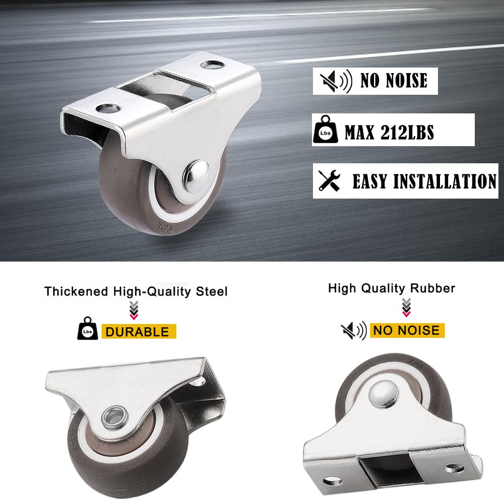 8Pcs 1 Inch Mini Caster Wheels - Low Profile Small Rubber Wheels with Steel Plate, Rigid Fixed Non-Swivel Casters for Furniture, Under Bed Storage Drawers & DIY Projects - Perfect for Smooth Mobility in Tight Spaces