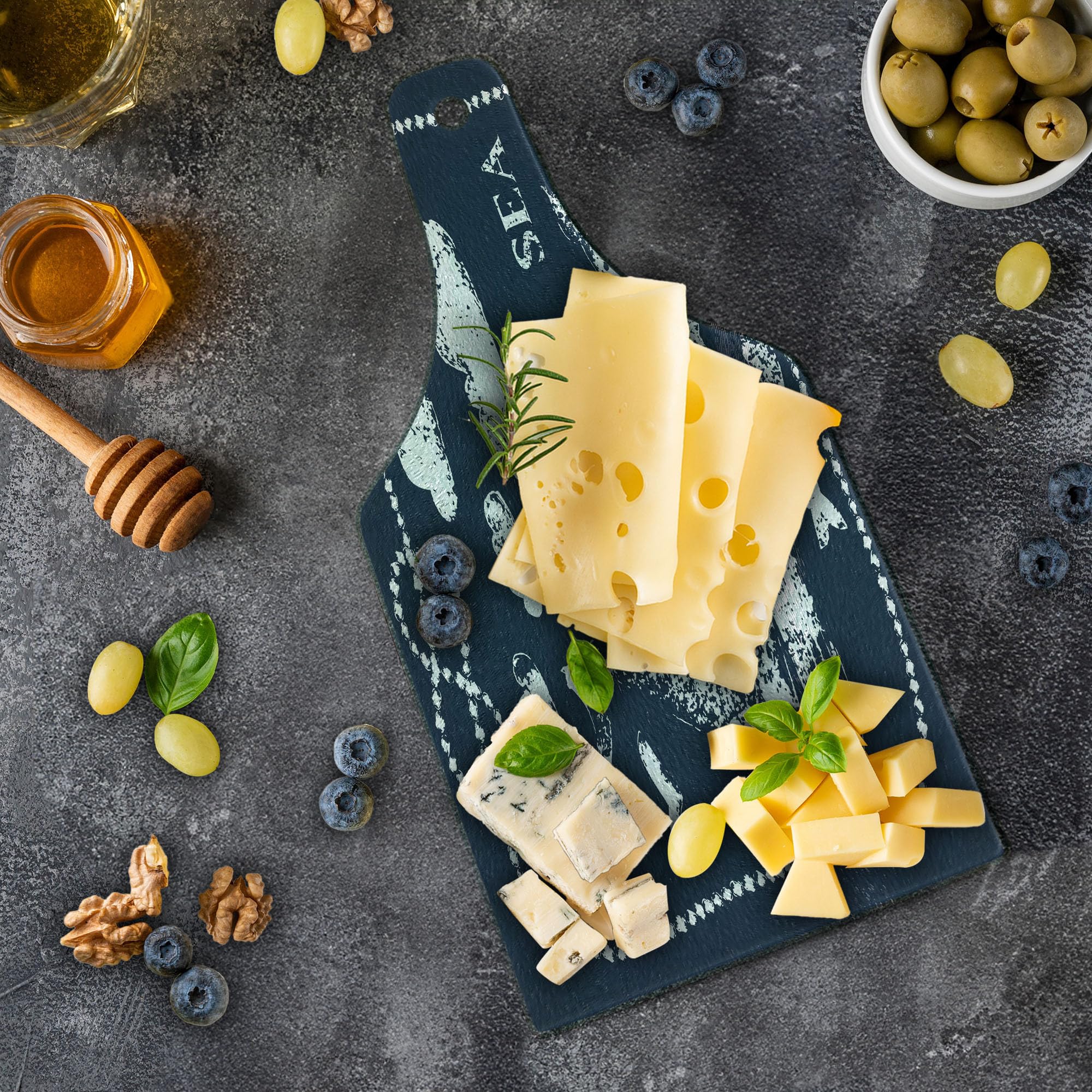 Ambesonne Navy Blue Tempered Glass Cutting Board - Sea Themed Marine Underwater Yacht Cruise Pattern - Decorative Serving Board with Wine Bottle Shape - Perfect for Kitchen, Dining & Entertaining - Navy & White