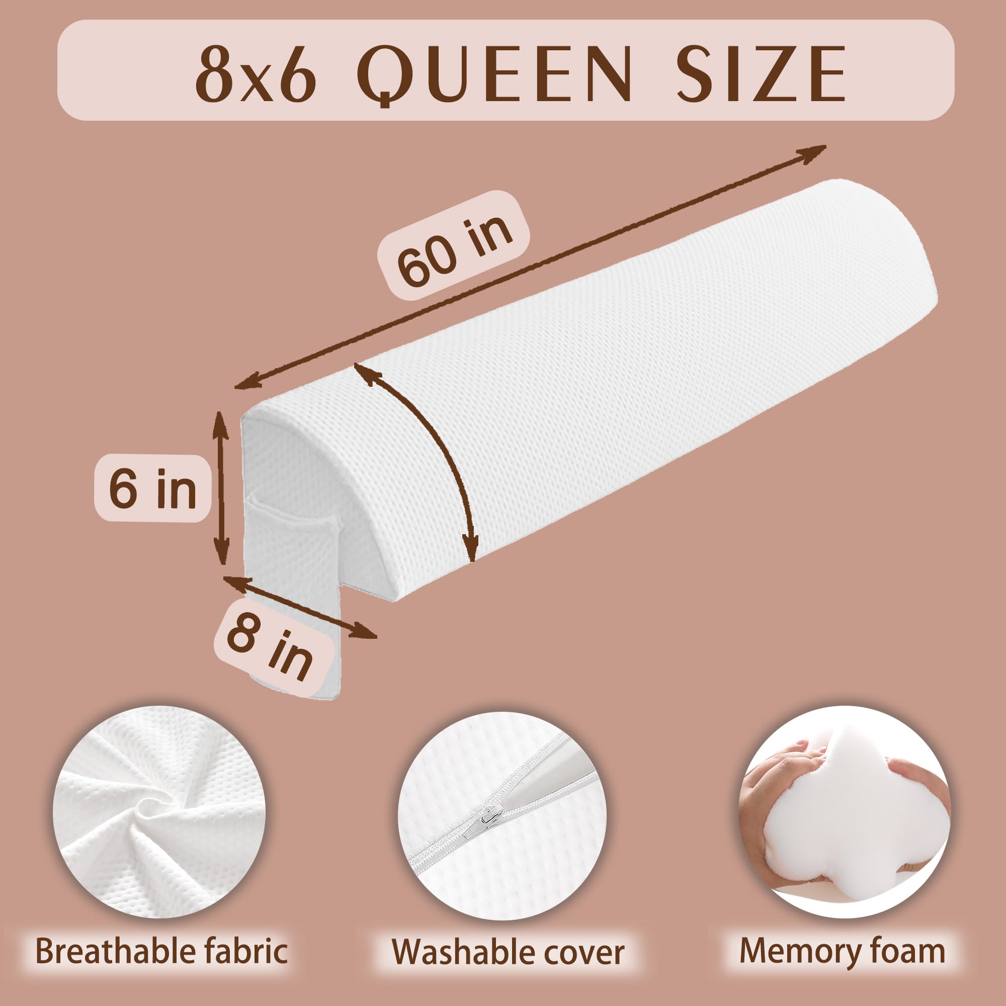 Memory Foam Bed Wedge Pillow - Queen Size (8x6x60 in) - Headboard Gap Filler & Mattress Space Stopper - Ergonomic Support for Comfortable Sleep - Perfect for Bedroom, Guest Room, and Hotel Use