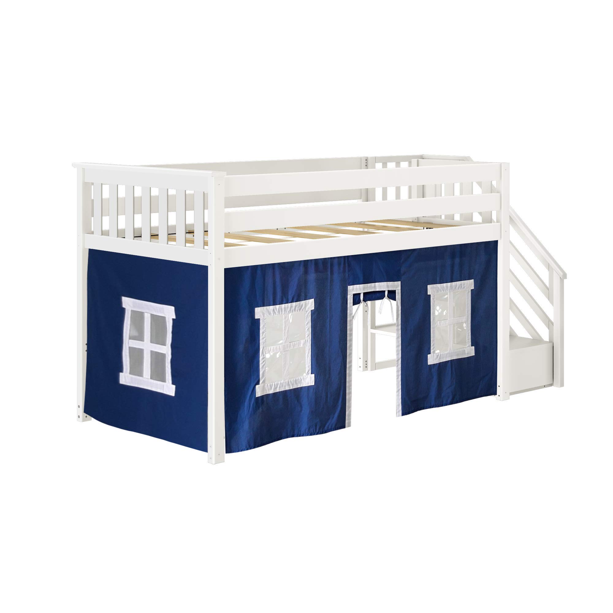 Max & Lily Low Loft Twin Bed Frame for Kids with Stairs & Curtain - White/Blue - Space-Saving Kids Bedroom Furniture with Play Area Underneath