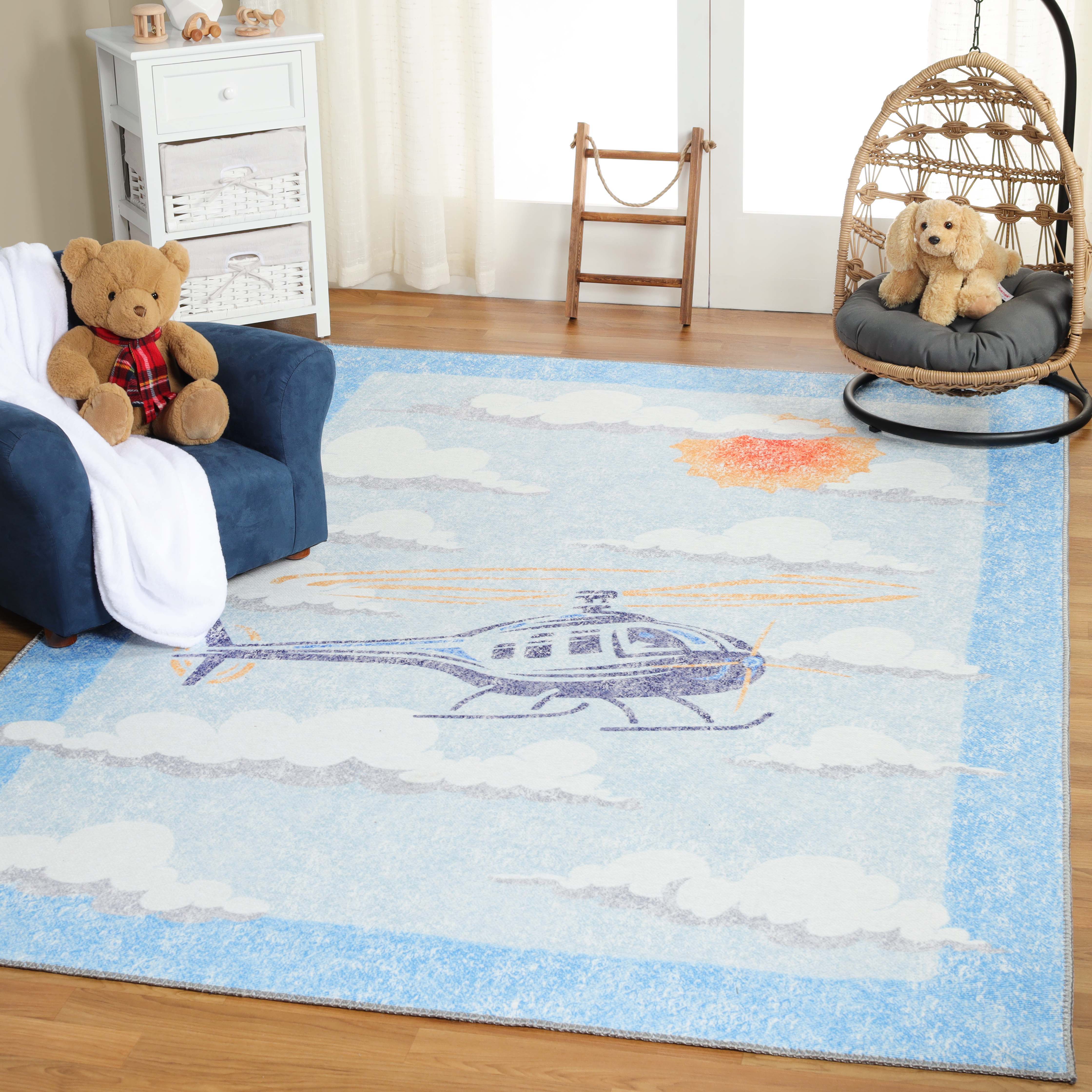 Non-Slip Helicopter Pattern Kids Playroom Rug - Soft & Safe Floor Mat for Nursery, Bedroom, and Play Areas