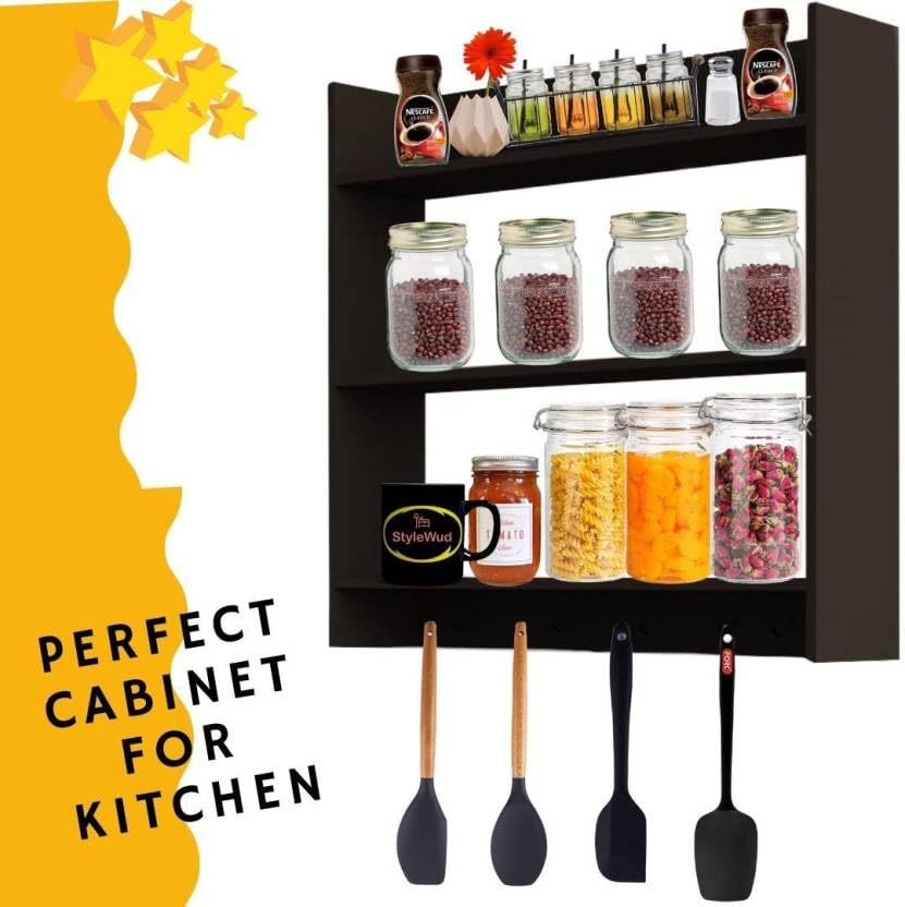 VOLDMART Wooden Kitchen Storage Rack - 3-Tier Organizer Shelf for Spices, Utensils & Cookware - Space Saving Kitchen Storage Solution for Pantry, Countertop or Cabinet