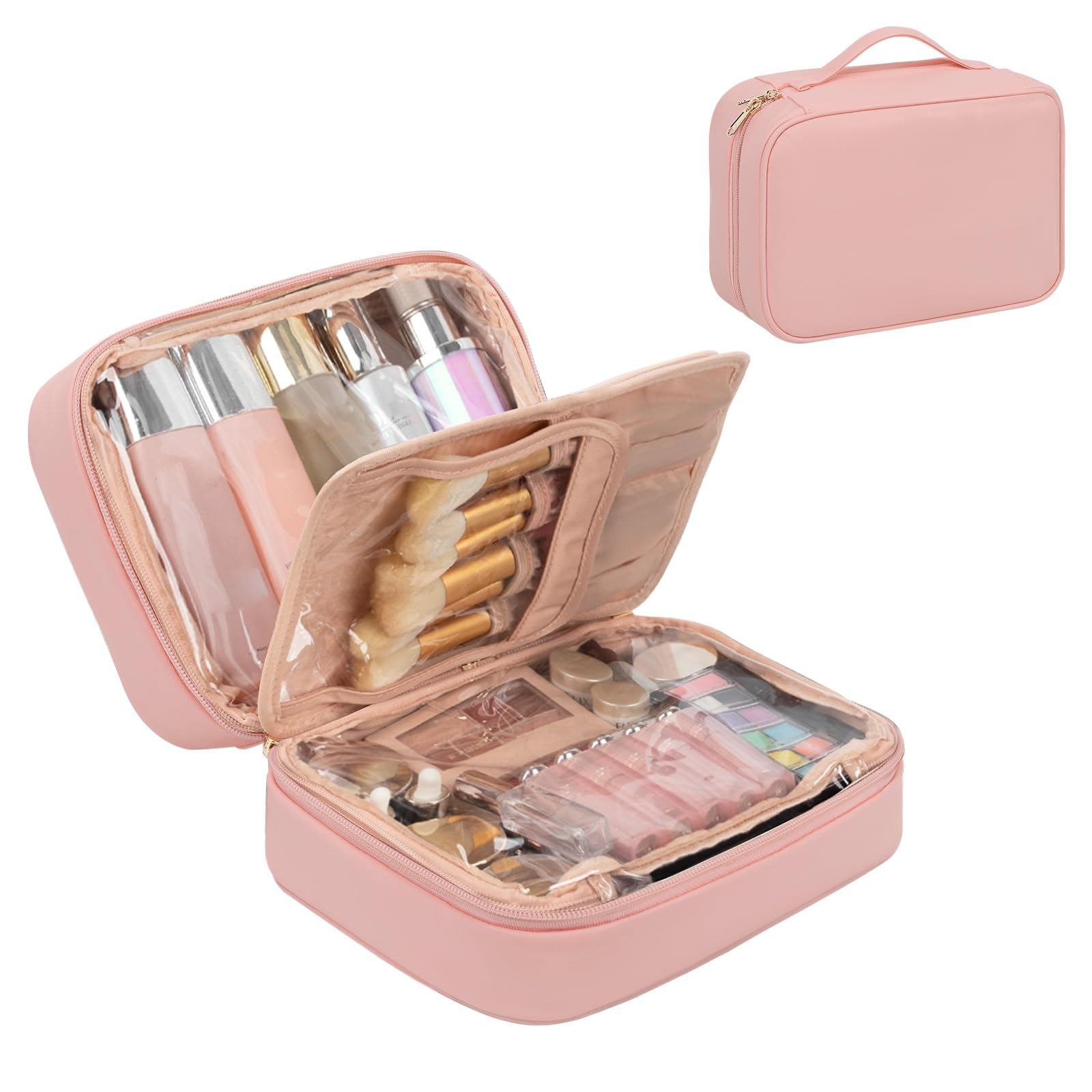 OCHEAL Large Waterproof Makeup Travel Bag with Brush Compartment & Handle - Pink Cosmetic Organizer for Women & Girls | Perfect for Travel, Gym, and Daily Toiletry Storage