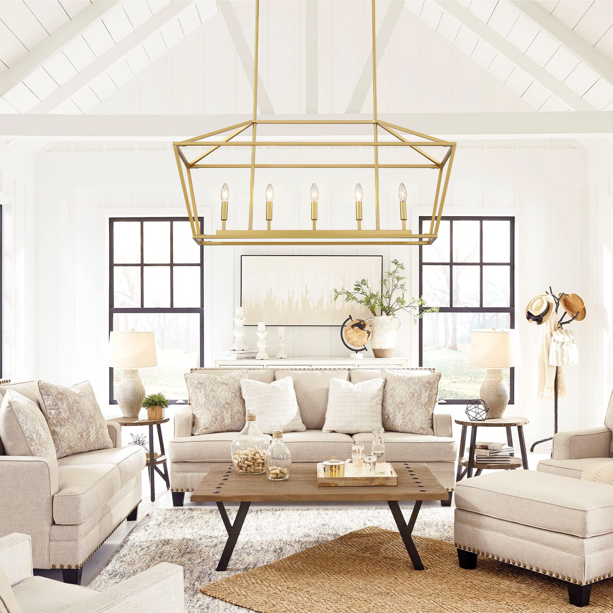 Untrammelife 5-Light Gold Modern Linear Chandelier - Adjustable Kitchen Island Pendant Lighting with Rectangle Lantern Design for Dining Table & Countertop | Perfect for Farmhouse, Contemporary Kitchens & Restaurant Decor
