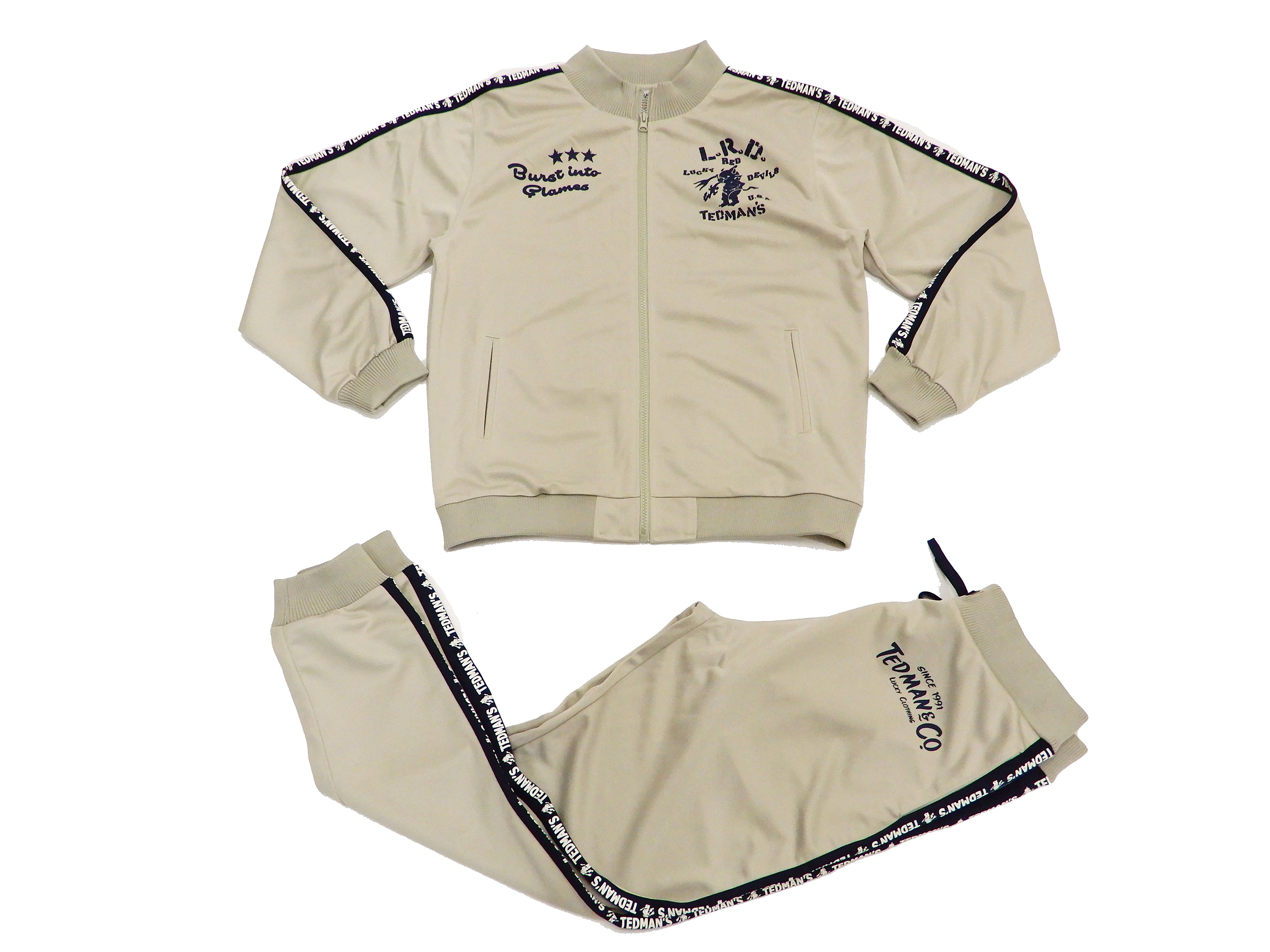 Tedman Men's Casual Tricot Tracksuit 2-Piece Set with Lucky Devil Graphic - Comfortable Jogging Suit for Gym, Running & Lounge Wear - TJSET 100 Beige