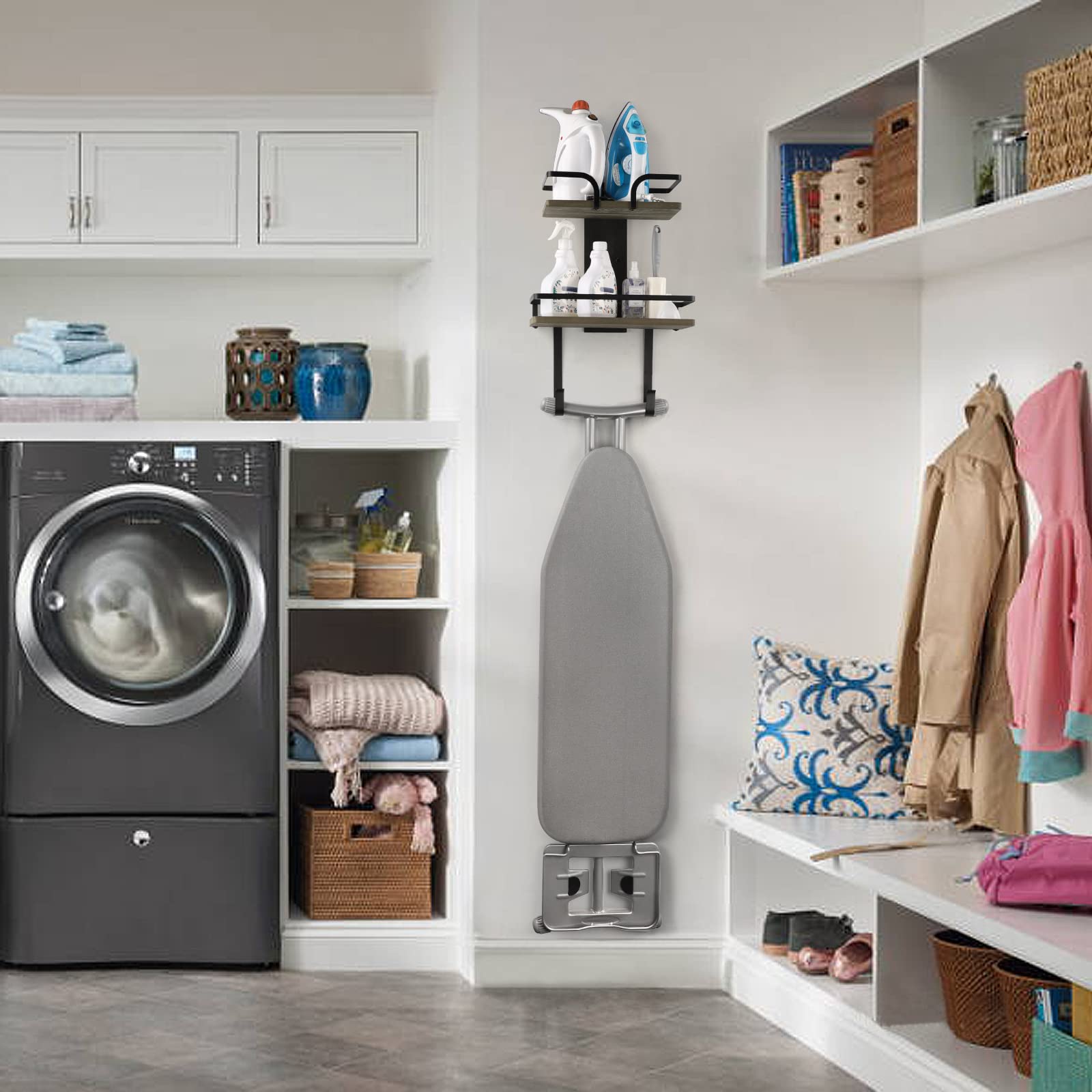 VINAEMO Wall Mount Ironing Board Hanger - 2-Tier Iron & Board Holder with Removable Hooks - Solid Wood Laundry Room Shelf for Home Organization - Perfect for Small Spaces & Closet Storage