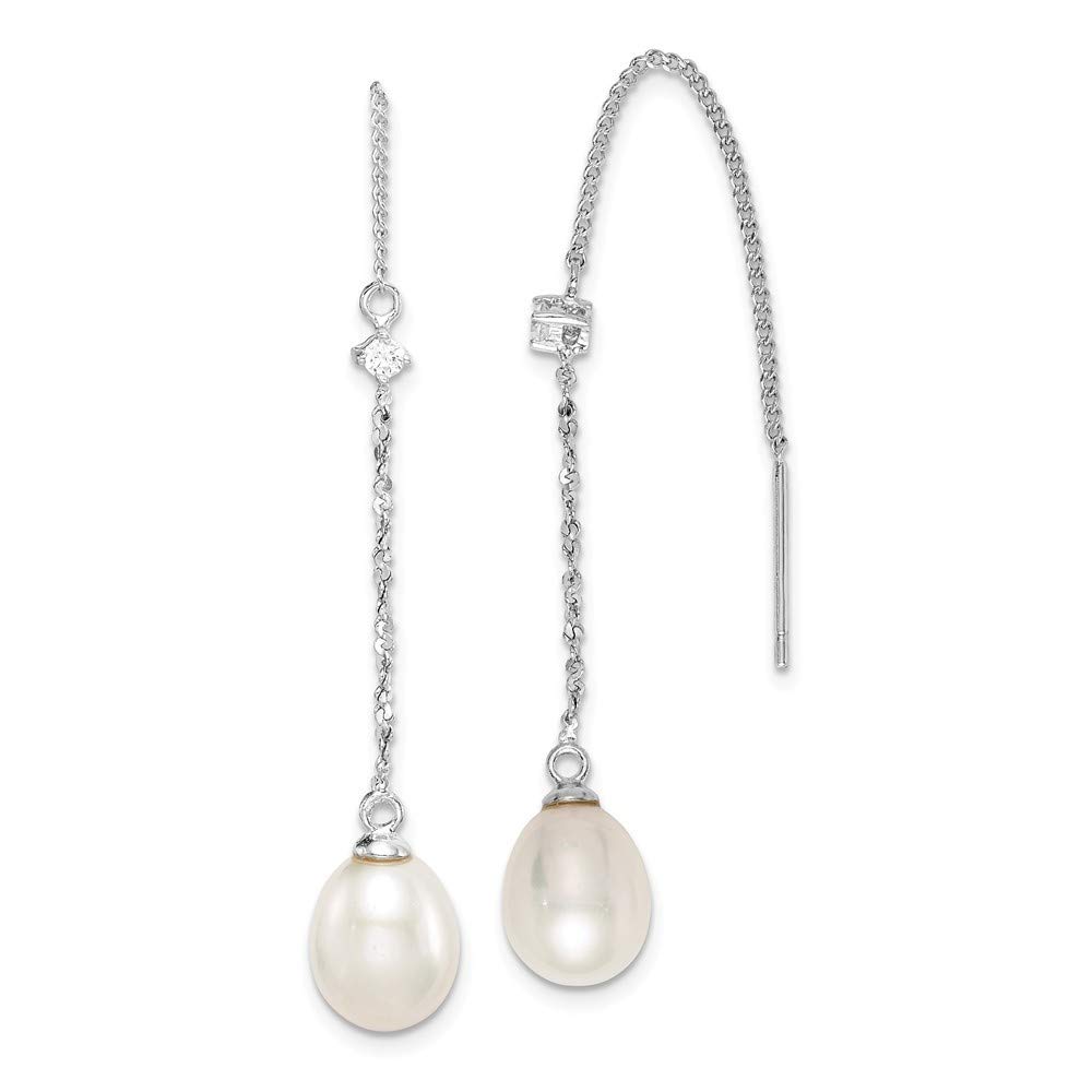 925 Sterling Silver Rhodium Plated 7-8mm White Rice Freshwater Cultured Pearl & Cubic Zirconia Simulated Diamond Stud Earrings for Women - Elegant Jewelry Gift for Wedding, Anniversary & Special Occasions