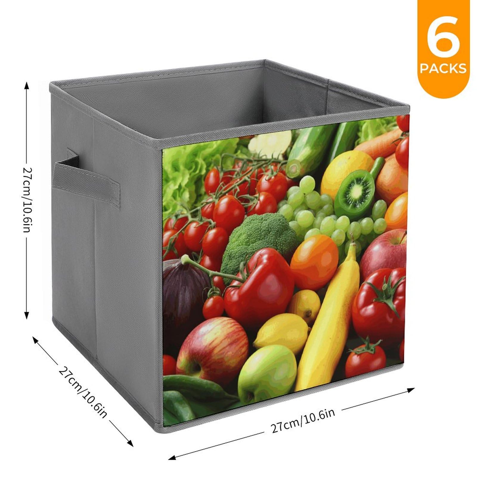 6-Pack Foldable Storage Bins for Fresh Vegetables & Fruits - Large Capacity Printed Storage Boxes with Handles - Perfect for Playroom, Office & Home Organization (Multipurpose Storage Cubes for Kitchen, Pantry, Closet & Nursery)