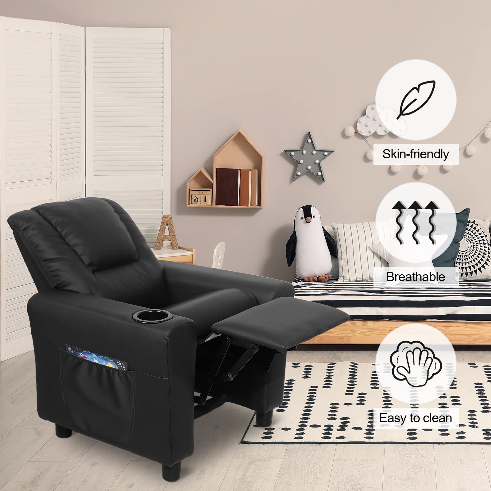 **Kids Recliner Chair for Toddlers 1-4 Years - Soft Toddler Sofa with Cup Holder & Side Pockets - Comfortable Children's Reclining Couch for Bedroom & Living Room - Perfect for Playtime, Naps & Movie Nights (Black)**