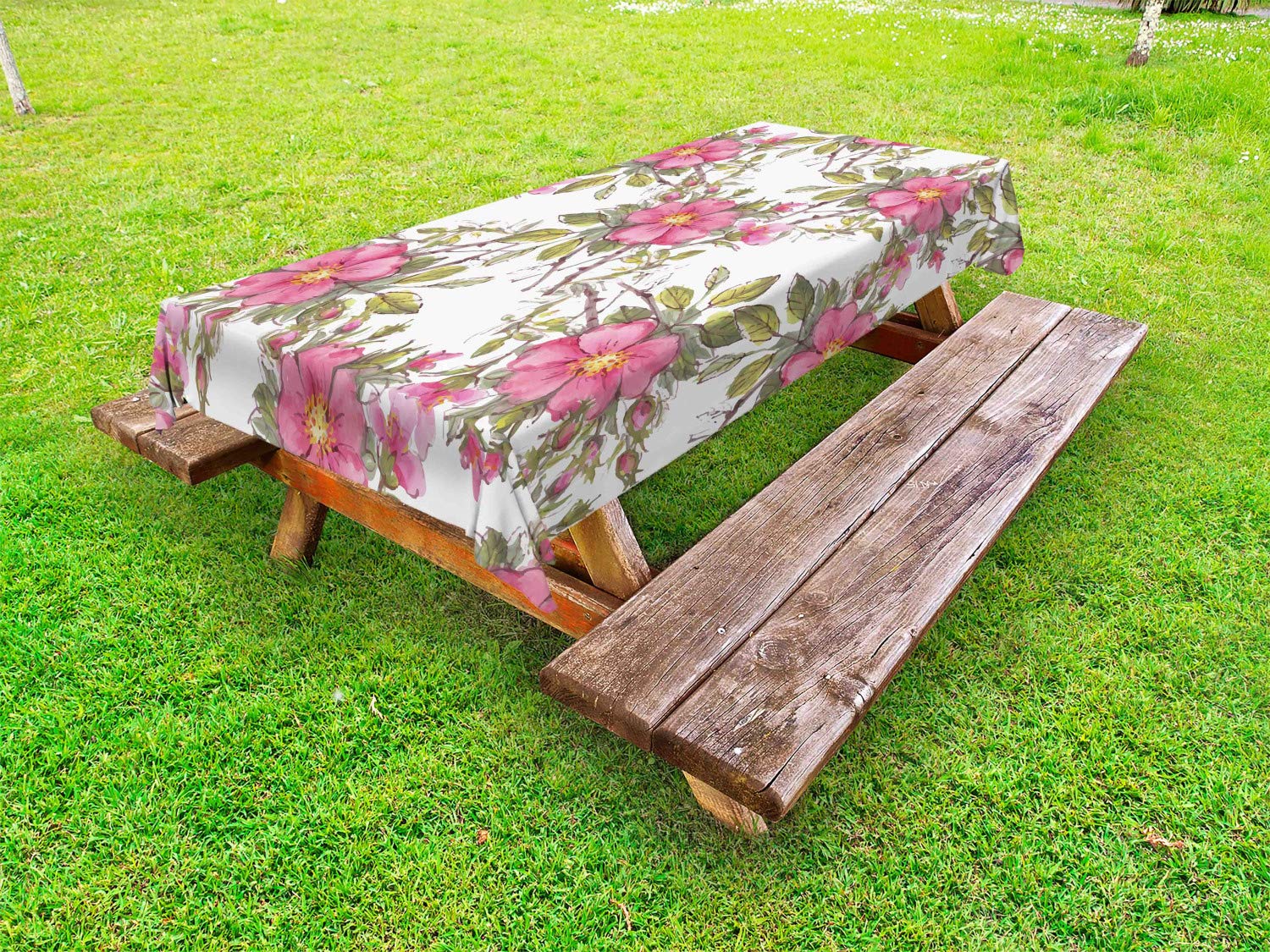 Ambesonne Floral Outdoor Tablecloth - Watercolor Dog Rose Garden Design with Leaves & Buds, Washable Picnic Table Cover 58x120 Inches in Pale Pink, White & Lime Green - Perfect for Garden Parties, Outdoor Dining & Picnics