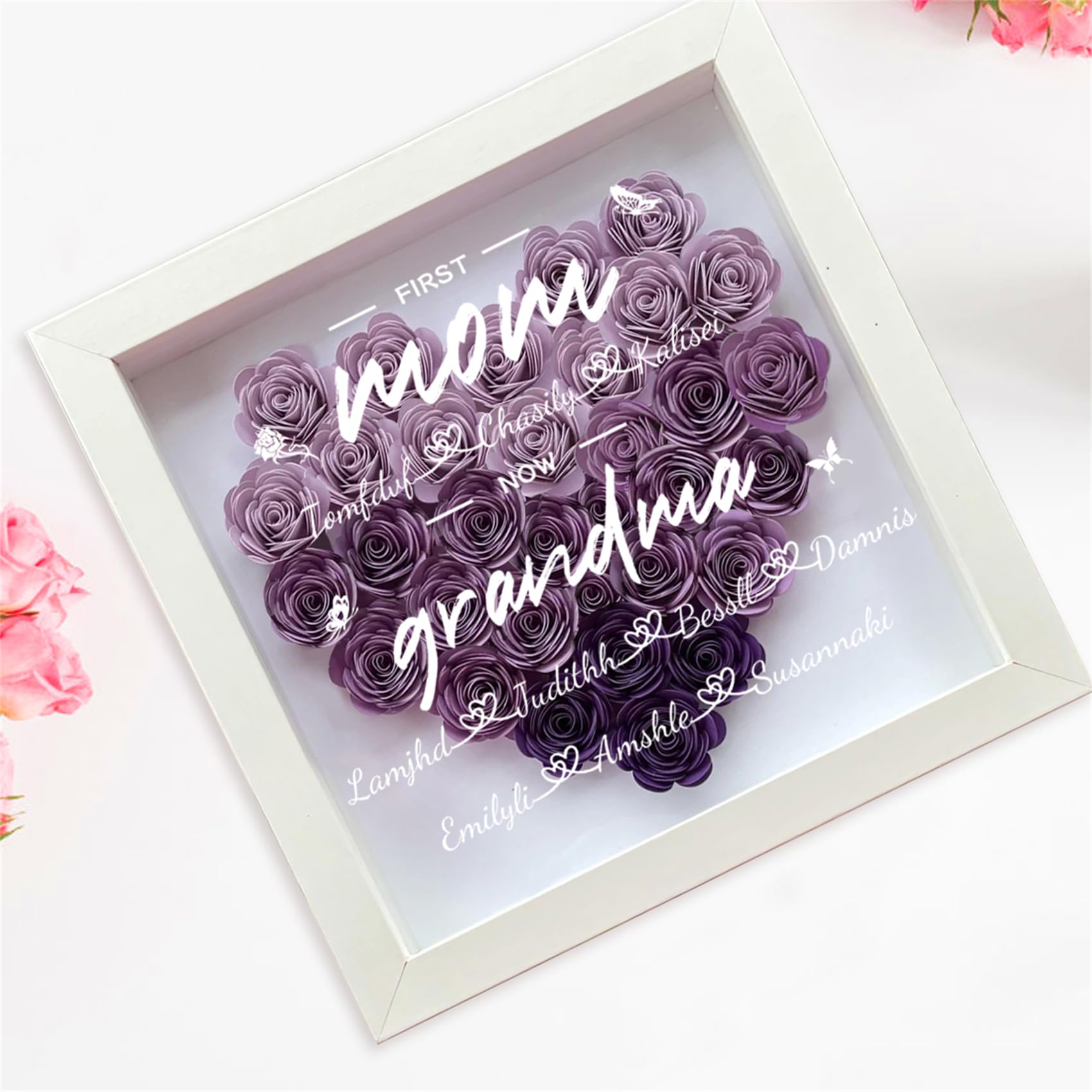 Custom Personalized First Mom Now Grandma Rose Flower Shadow Box with Name - Heart-Shaped Mother's Day Gift for Grandma, Nana & Mom - Perfect for Wall Decor, Nursery, Living Room & Special Occasions