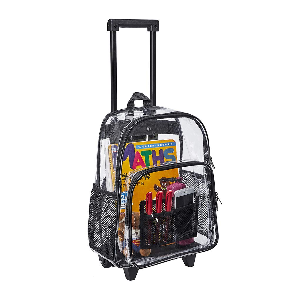 Rolling Clear Backpack - Heavy Duty Cold-Resistant Transparent PVC Wheeled Backpack for School, Travel & Security Check (Black) | Perfect for Airports, Concerts & Work Commute