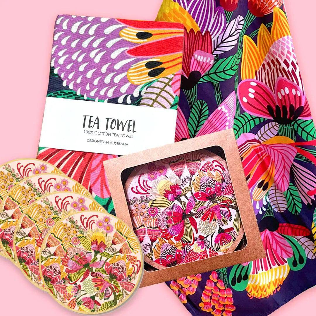Premium Wild Proteas Tea Towel & Coaster Set - 100% Cotton Kitchen Towels with Absorbent Coasters - Perfect for Tea Time, Kitchen Decor & Housewarming Gifts