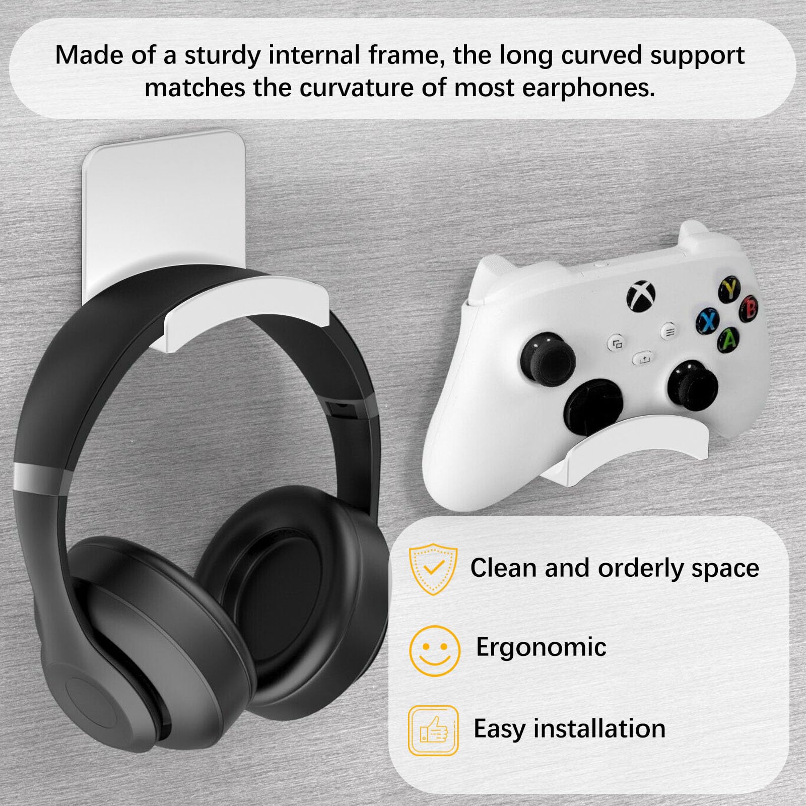KARELLS Universal Headphone Holder with Strong Adhesive - 4 Pack White Headset Stand Hooks for Gaming Headphones, Cables - Wall, Desk & Office Organization Accessories - Perfect for Home, Work & Gaming Setup