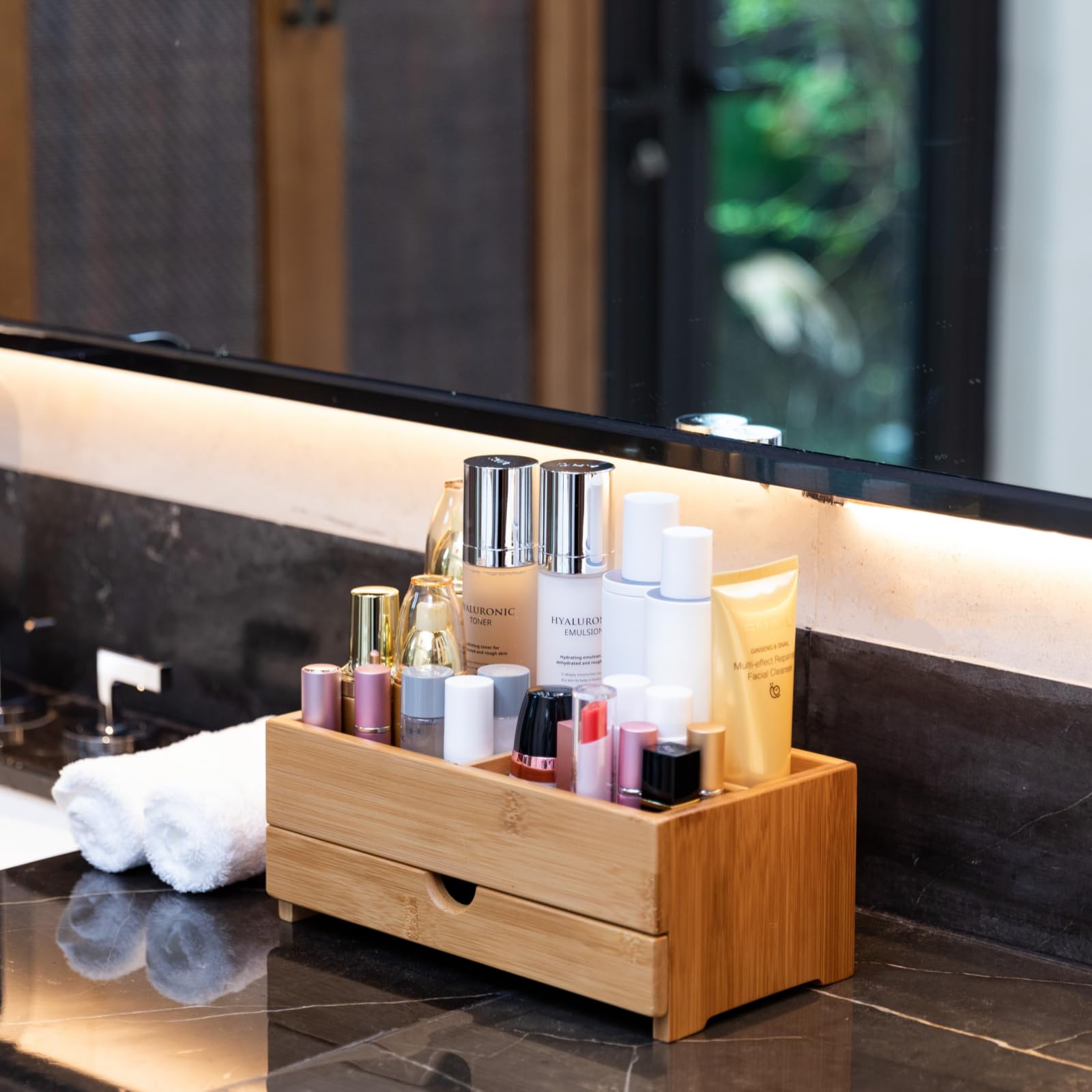 Bamboo Makeup Organizer with Drawer - Natural Wood Cosmetic Storage for Bathroom & Vanity