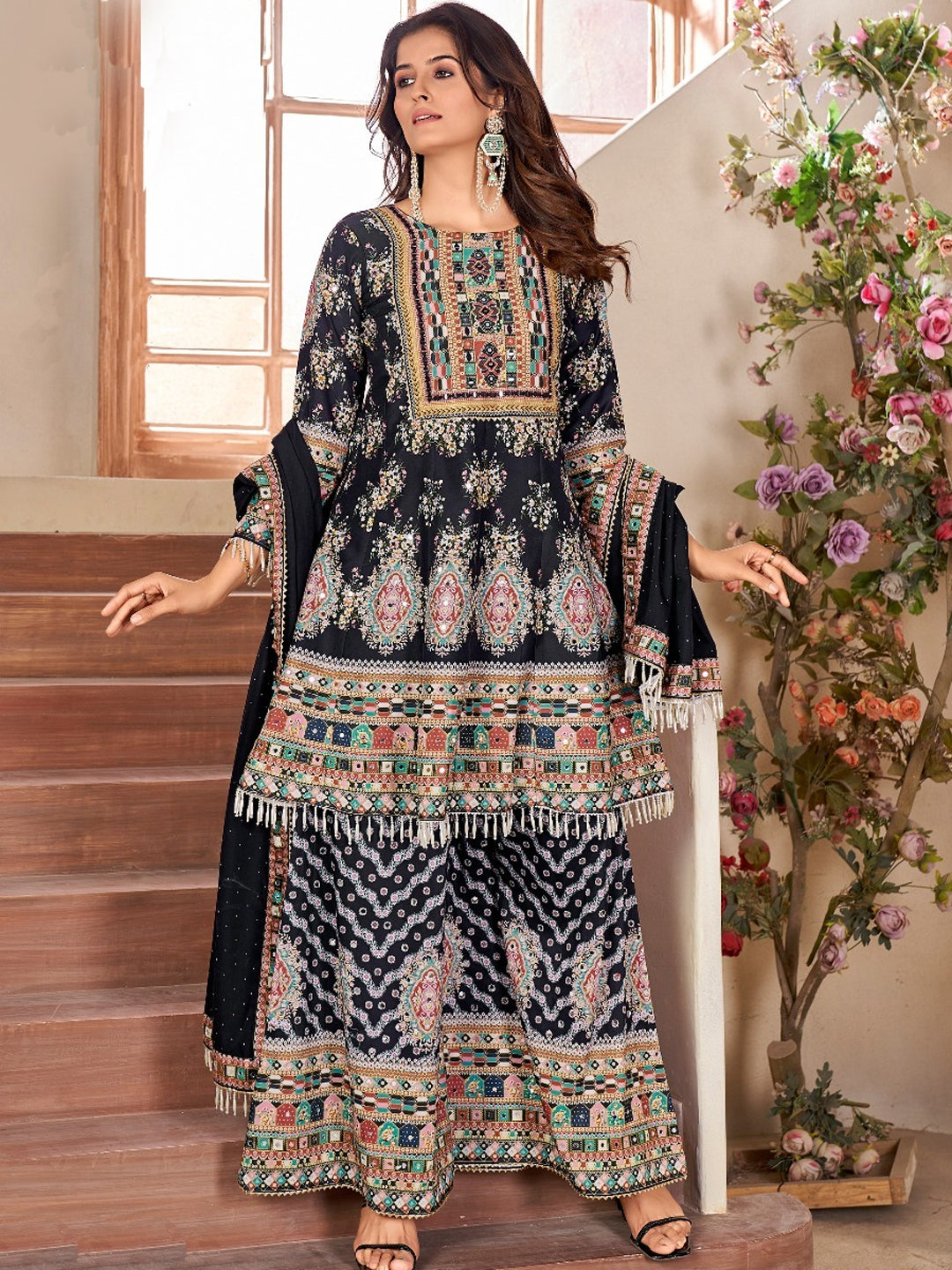 Elegant Black Traditional Designer Palazzo Suit with Heavy Fancy Real Mirror Hand Embroidery - Perfect for Weddings, Parties & Festive Occasions