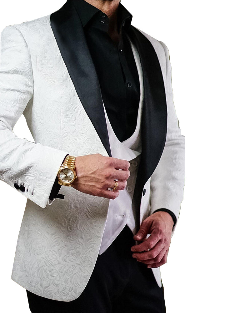 Men's Ivory/White Wedding Suit with Black Lapel Shawl - 2 Piece Set (Jacket + Pants + Bow Tie) | Formal Groom Attire for Weddings, Prom & Special Occasions