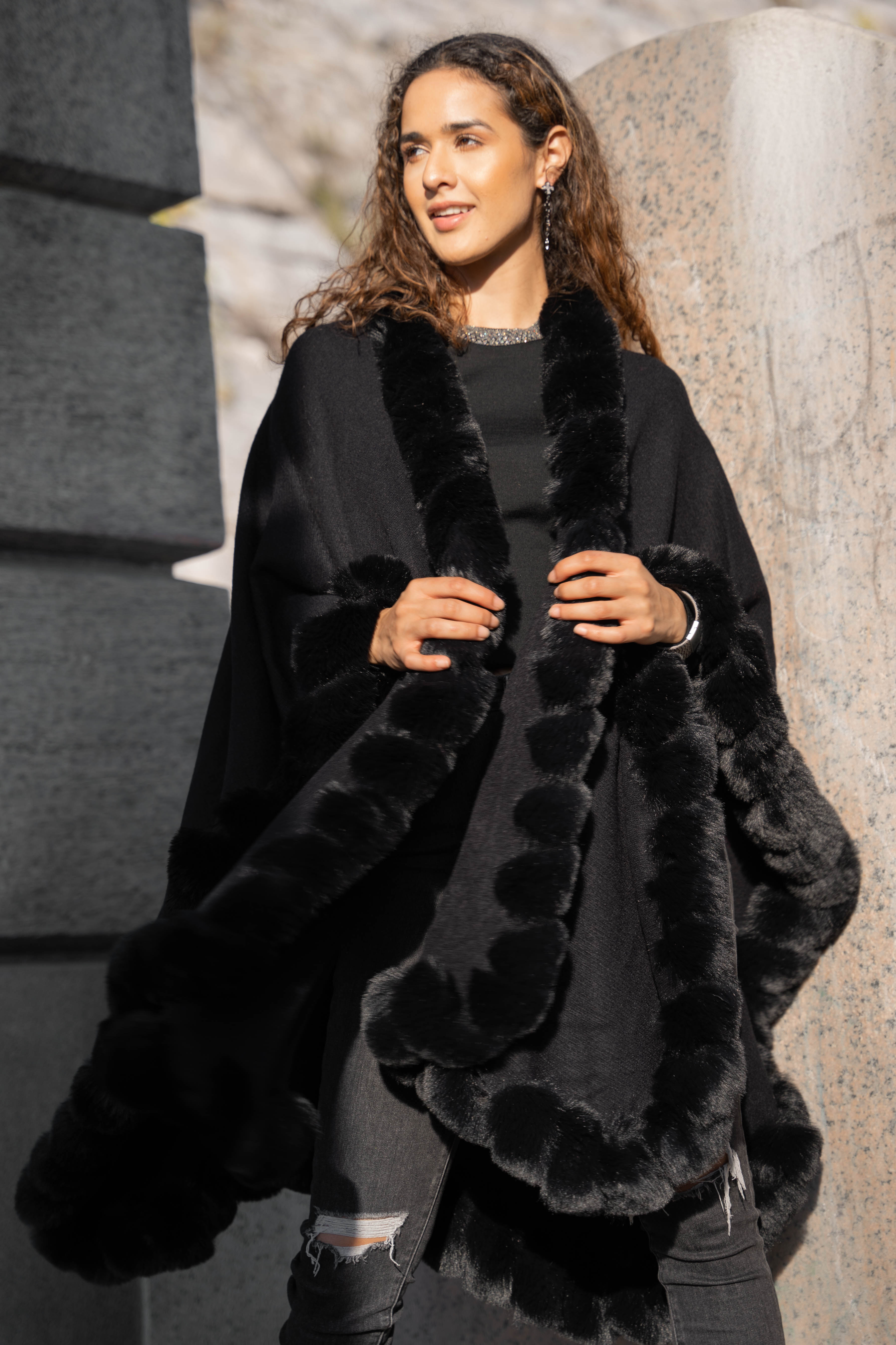 Elegant Faux Fur Cape Kimono Jacket - Women's Soft Winter Wrap Coat for Parties, Weddings & Evening Events