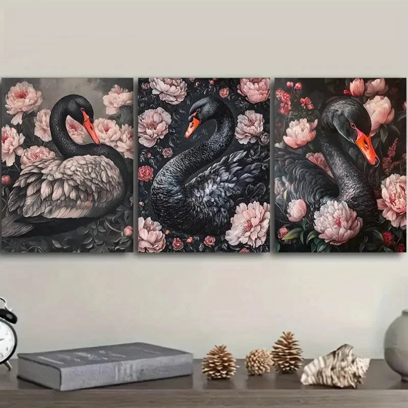 3PCS Elegant Black Swan Metal Wall Art Prints - Ready to Hang Home Decor for Living Room, Bedroom & Office - Modern Canvas Painting for Housewarming Gifts & Interior Design