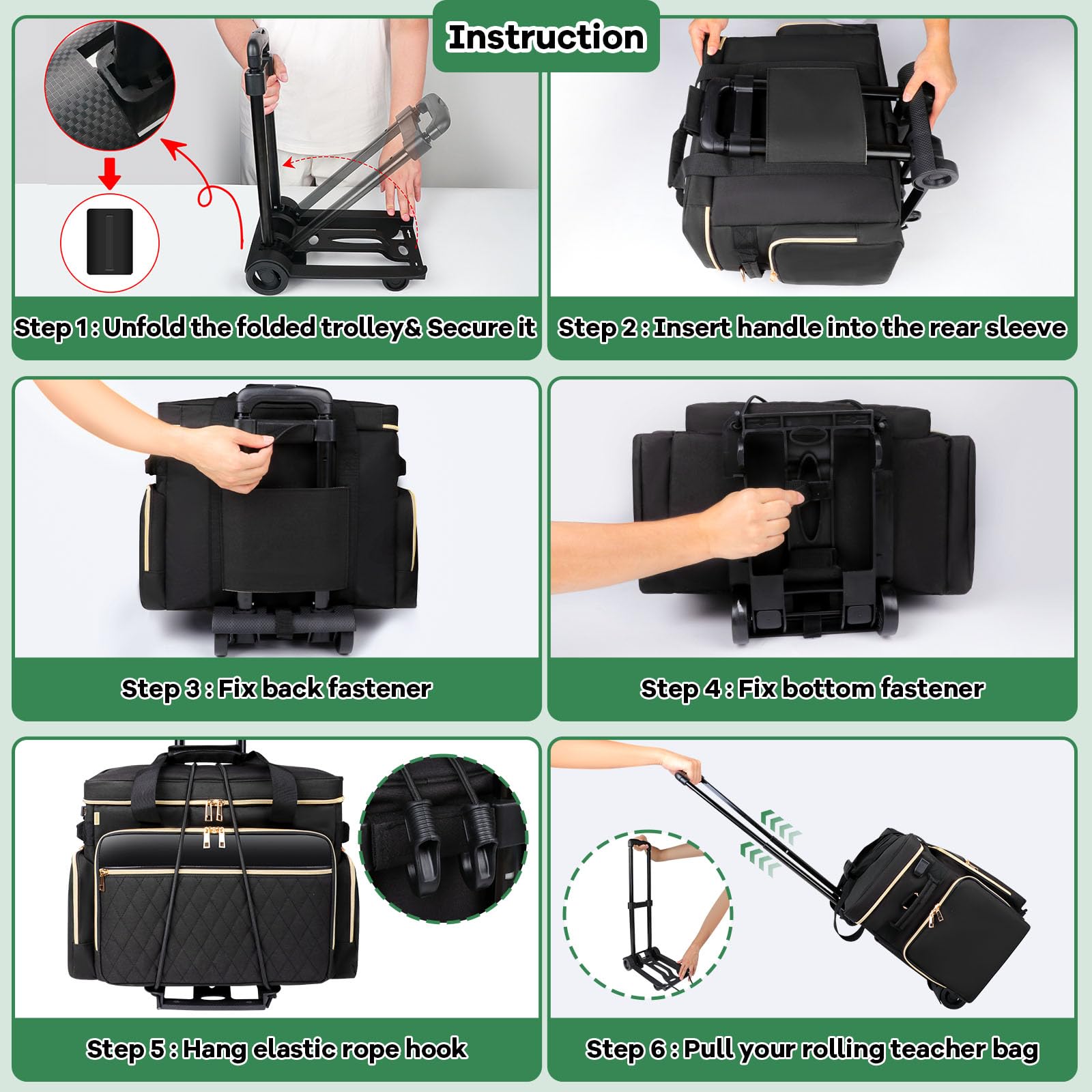 Rolling Teacher Bag with Accordion File Organizer & USB Charging Port - 15.6 Inch Laptop Compartment Wheeled Tote with Detachable Trolley for School Supplies & Office Organization (Black) - Perfect for Teachers, Professors & Educators on the Go