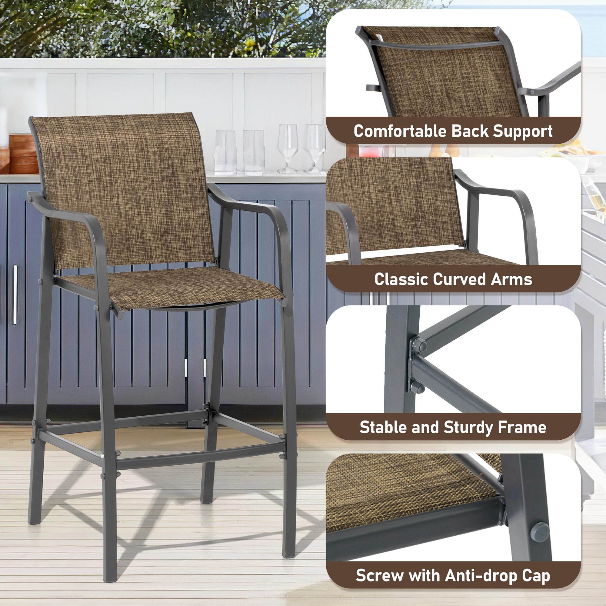 2-Pack Outdoor Metal Bar Stools - Counter Height Steel Patio Chairs with Textilene Seat, Armrest & Footrest - Lightweight Brown Bar Stools for Backyard, Deck, Poolside & Garden Use
