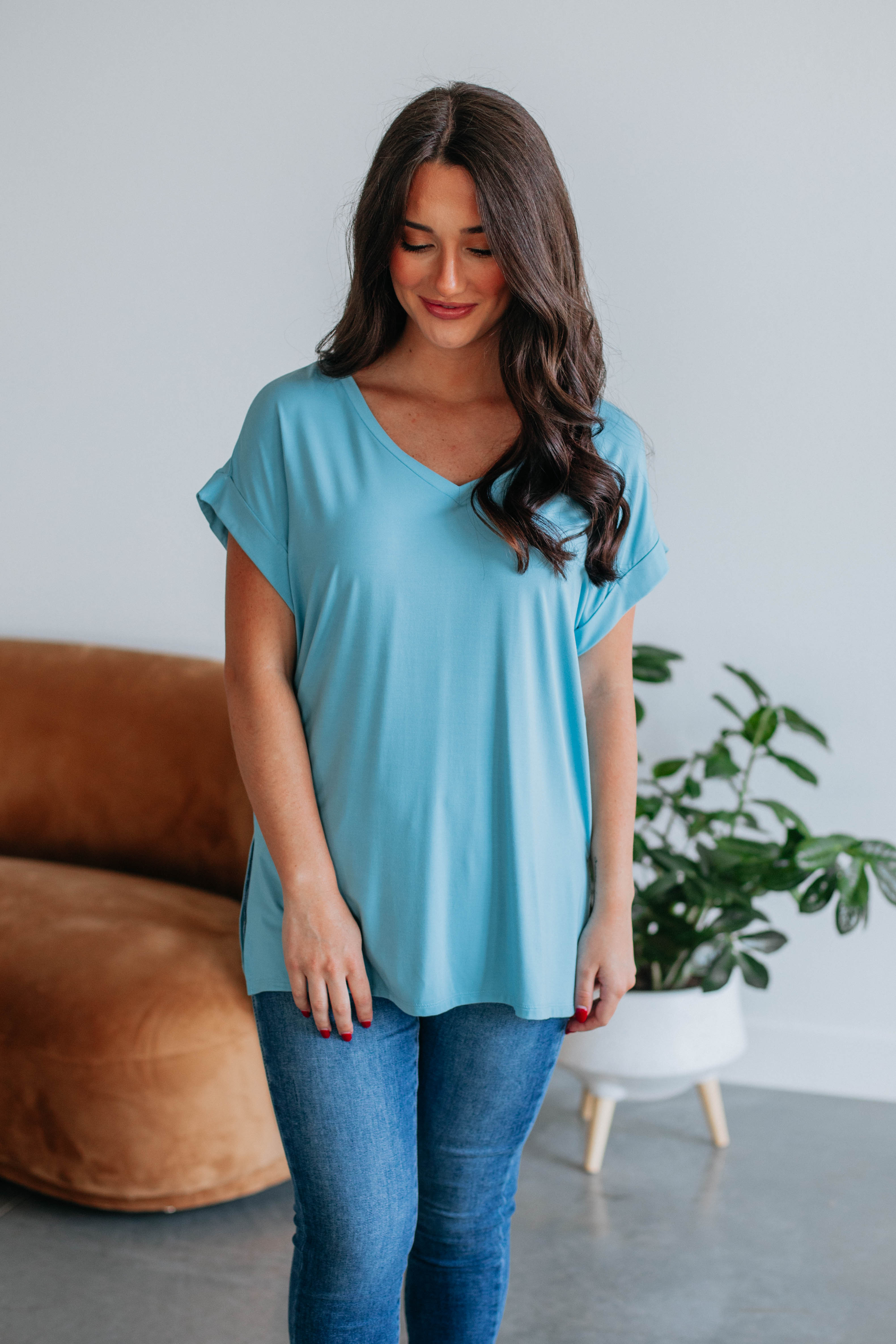 Jill Basic Tee Women's Casual T-Shirt - Soft Cotton Dusty Blue Top for Everyday Wear | Perfect for Layering, Lounge & Outfits