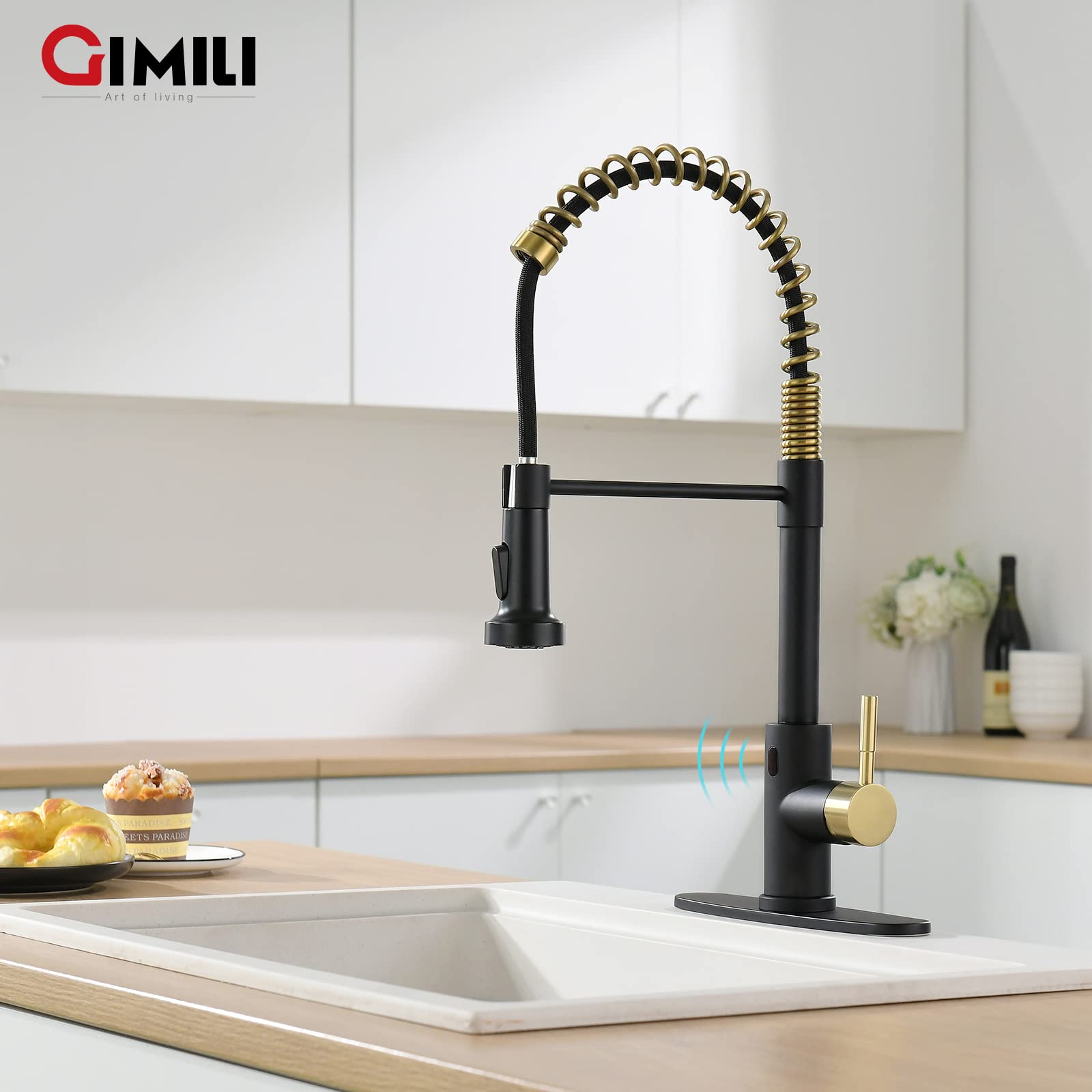 GIMILI Black and Gold Touchless Kitchen Faucet with Motion Sensor & Pull Down Sprayer - Hands-Free Smart Faucet with AC Adapter for Modern Kitchens, Restaurants, and Commercial Use