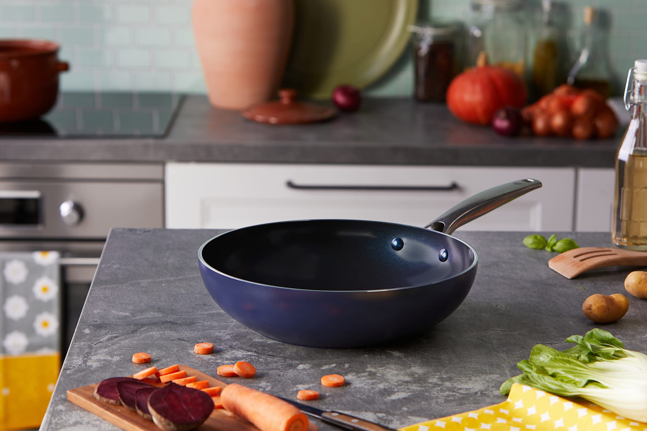Blue Diamond Nonstick Aluminum Wok Pan - 28cm PFAS-Free Cookware for Induction, Gas, Electric Stoves & Oven Safe - Dishwasher Safe Blue Wok for Stir-Frying, Sautéing & Asian Cooking