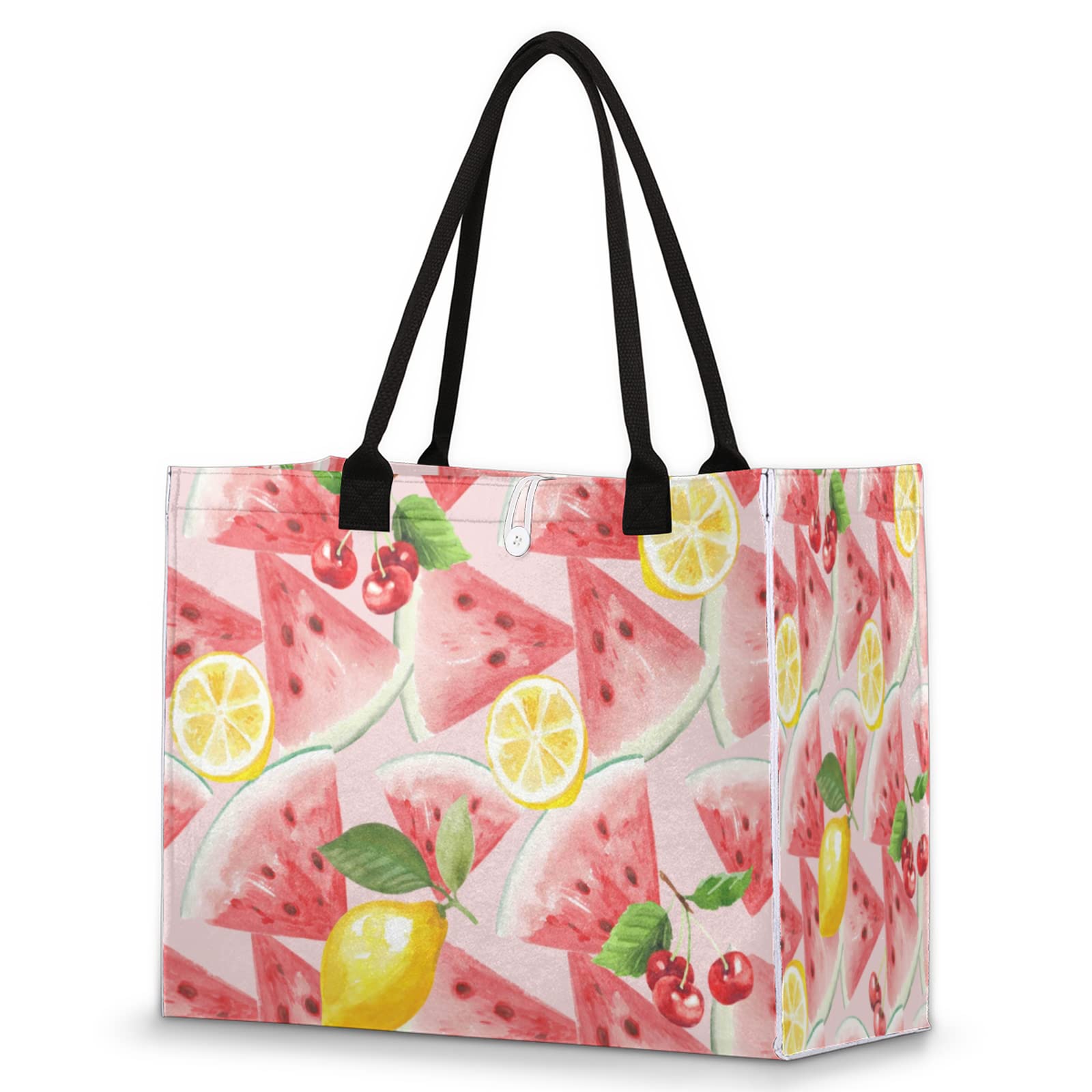 Large Watermelon Lemon Cherry Print Utility Tote Bag for Women - Durable Grocery Shopping Tote for Work, Travel, Beach & School | Perfect for Everyday Use, Grocery Hauling & Beach Trips