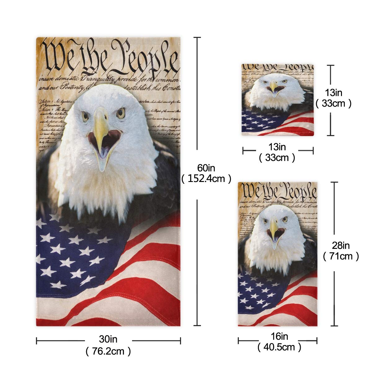 Blueangle Bald Eagle American Flag Style 3 Piece Towel Set - 100% Cotton, Soft & Absorbent, Quick Dry, Durable Bath Towels for Bathroom, Pool, Gym & Outdoor Use