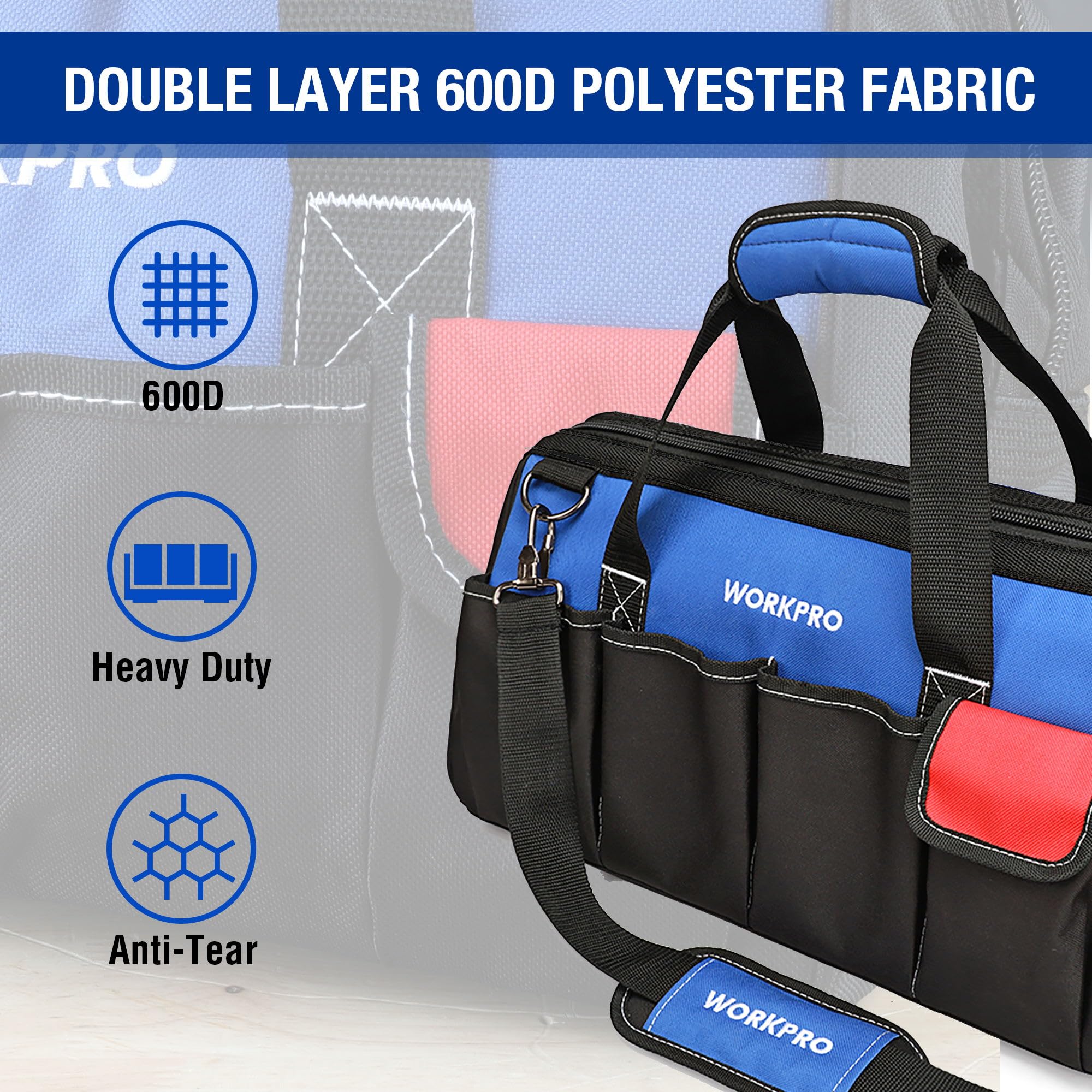 WORKPRO 18-inch Heavy Duty Tool Bag with Adjustable Shoulder Strap, Wide Mouth Storage & Reinforced Bottom - Perfect for Electricians, Plumbers & DIY Home Repairs