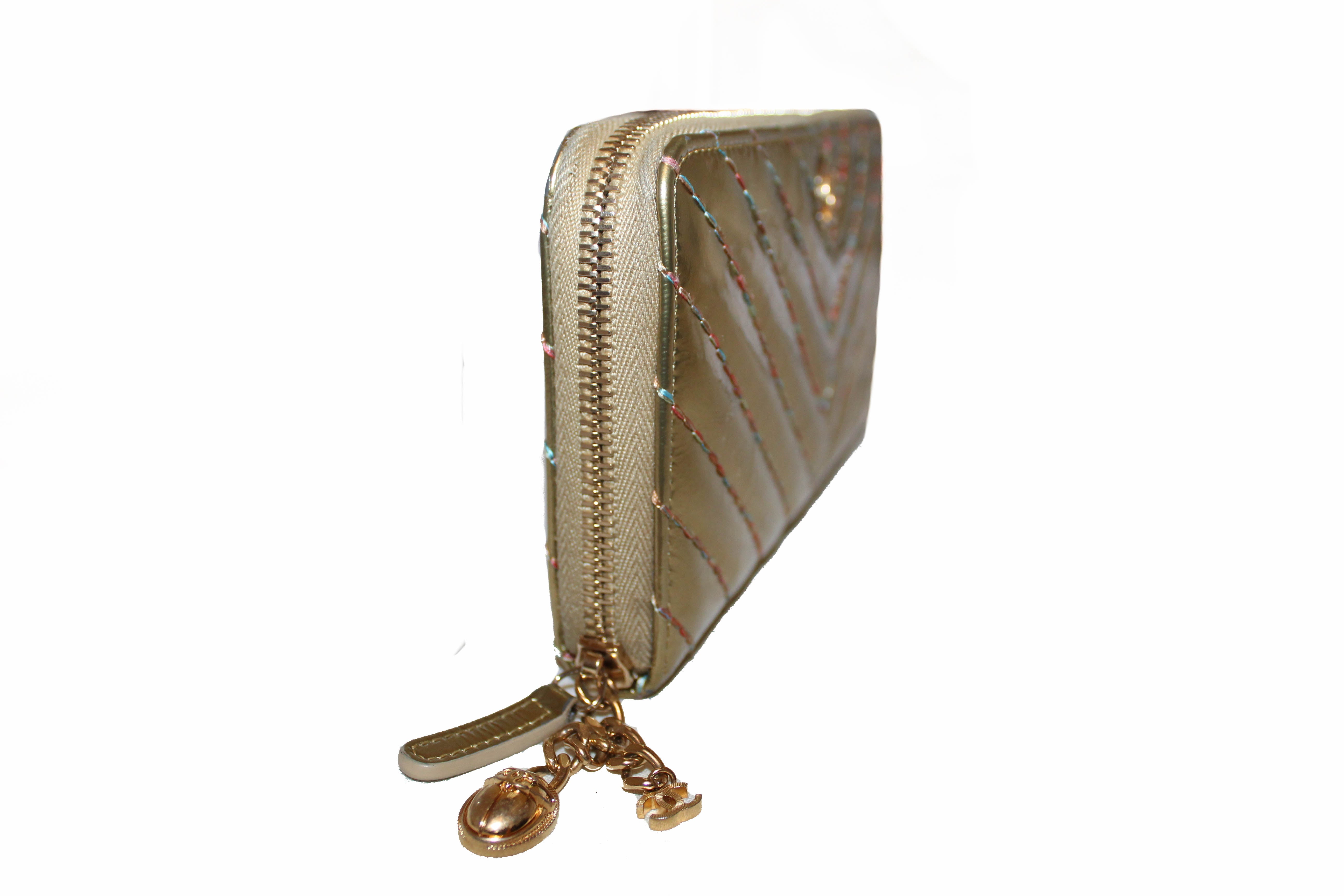 Authentic Chanel Metallic Gold Chevron Quilted Zip Wallet - Luxury Designer Wristlet Clutch for Women | Perfect for Evening Parties, Date Nights & Special Occasions
