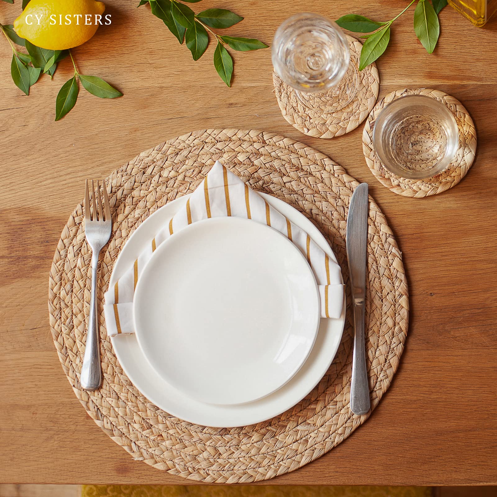Natural Water Hyacinth Woven Round Placemats Set of 8 with Coasters - 13.4