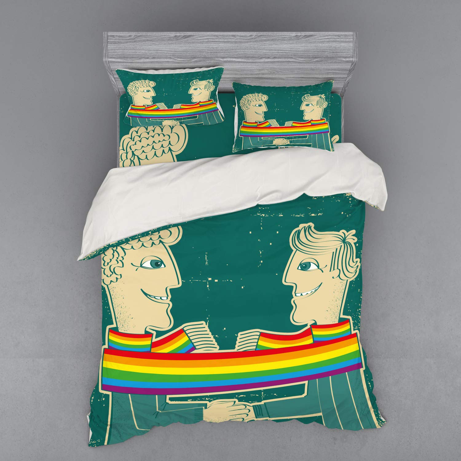 Ambesonne Pride Duvet Cover Set - Happy Gay Couple with Rainbow Scarf Holding Hands, 4-Piece Bedding Set with Shams & Fitted Sheet, Queen Size, Multicolor - Perfect for LGBTQ+ Pride Celebrations, Romantic Bedrooms & Special Occasions