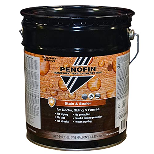 Penofin 5 Gallon Transparent Penetrating Oil Wood Stain and Sealer - Premium Redwood Finish for Decks, Fences & Outdoor Furniture Protection