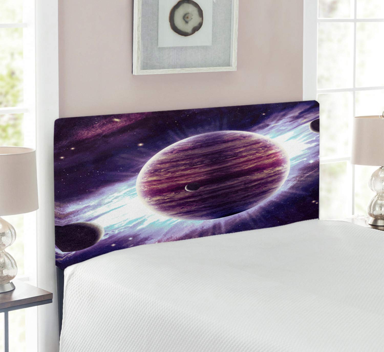 Ambesonne Galaxy Headboard - Outer Space Theme with Planets Saturn Mars Neptune | Science Fiction Solar System Art Print | Upholstered Decorative Metal Bed Frame with Memory Foam | Twin Size in Mauve Purple | Perfect for Kids' Room, Teen Bedroom & Sci-Fi Themed Decor
